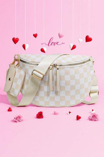 White Checkered Crescent Shoulder Bag with Detachable Pouch