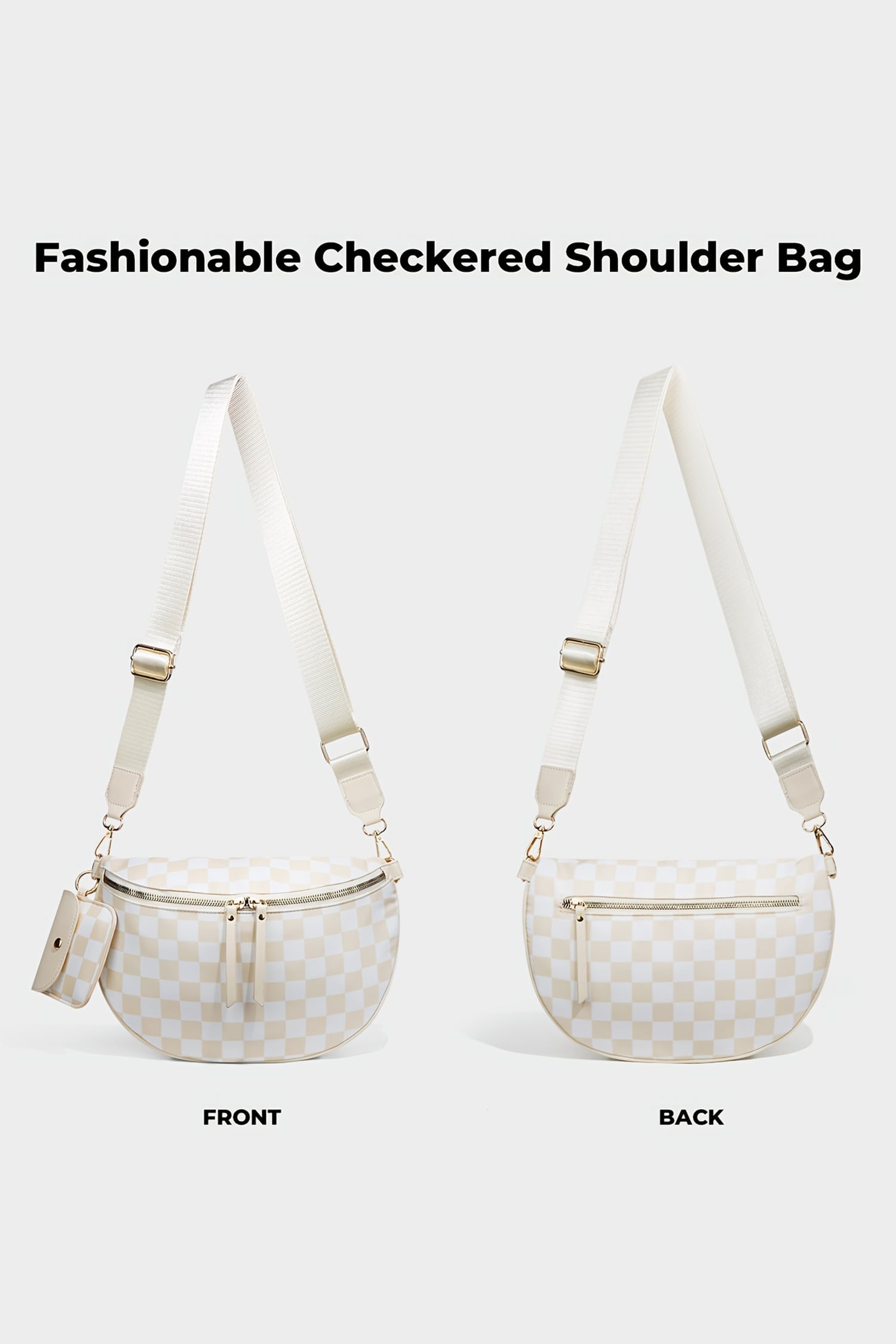 White Checkered Crescent Shoulder Bag with Detachable Pouch