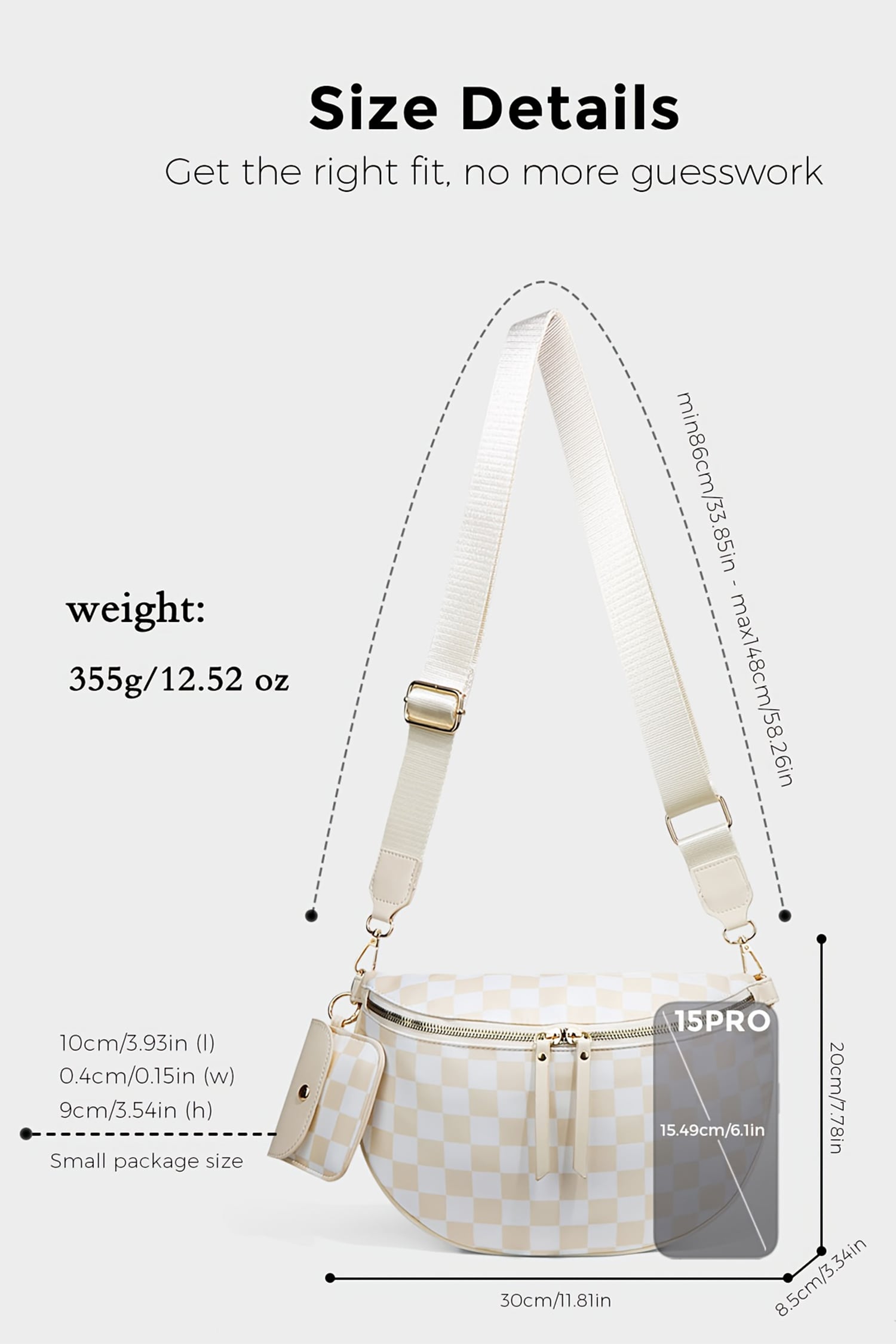 White Checkered Crescent Shoulder Bag with Detachable Pouch