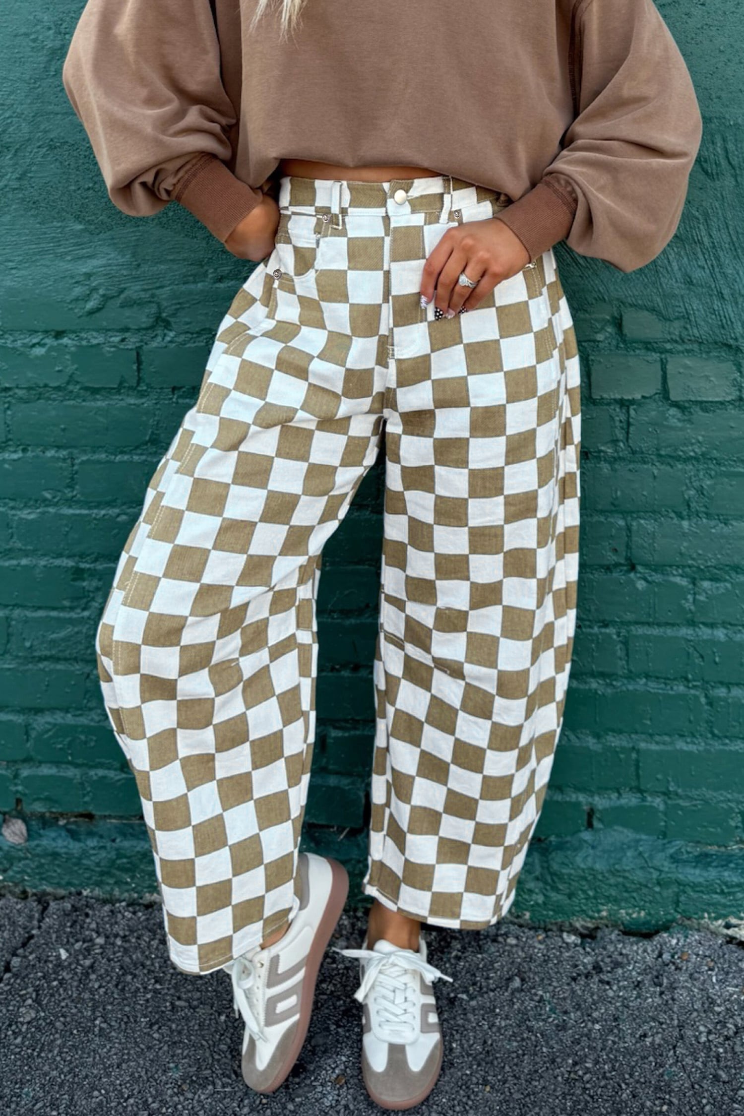 White Checkered Print Denim Barrel Pants