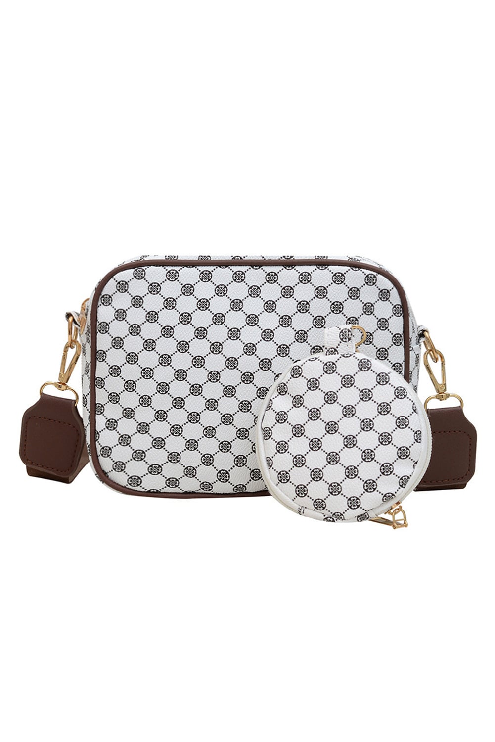 White PU Leather Geometric Pattern Adjustable Strap Shoulder Bag with Wallet