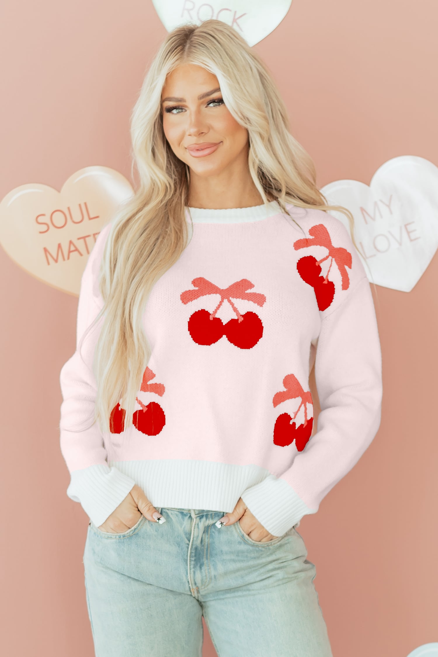 White Cherry Pattern Drop Shoulder Sweater
