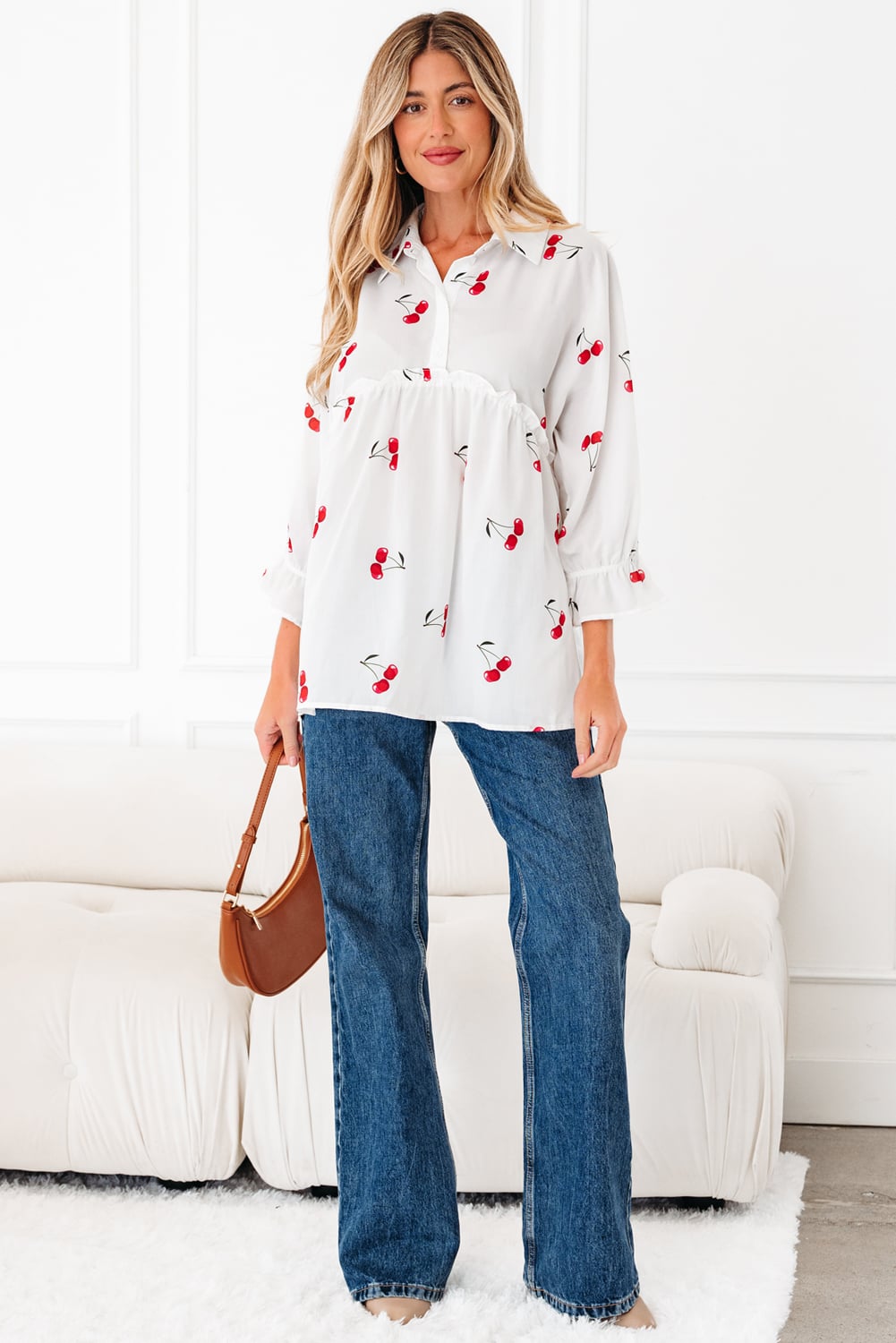 White Cherry Print Flounce Sleeve Collared Frilled Babydoll Blouse