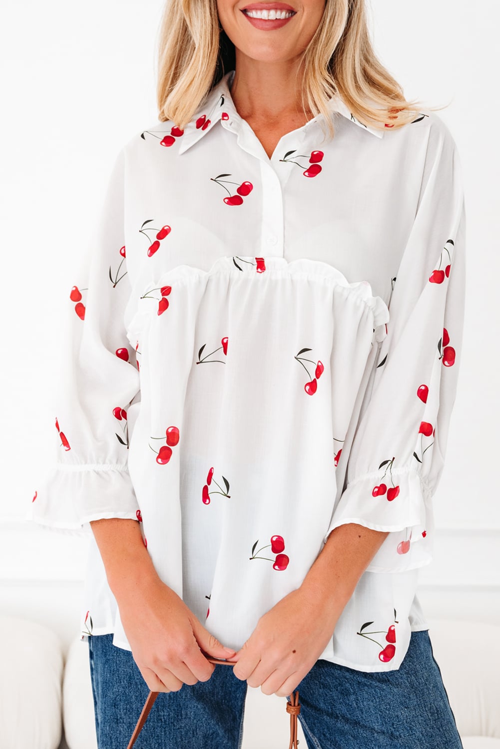 White Cherry Print Flounce Sleeve Collared Frilled Babydoll Blouse