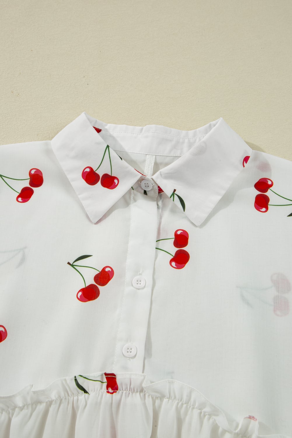 White Cherry Print Flounce Sleeve Collared Frilled Babydoll Blouse