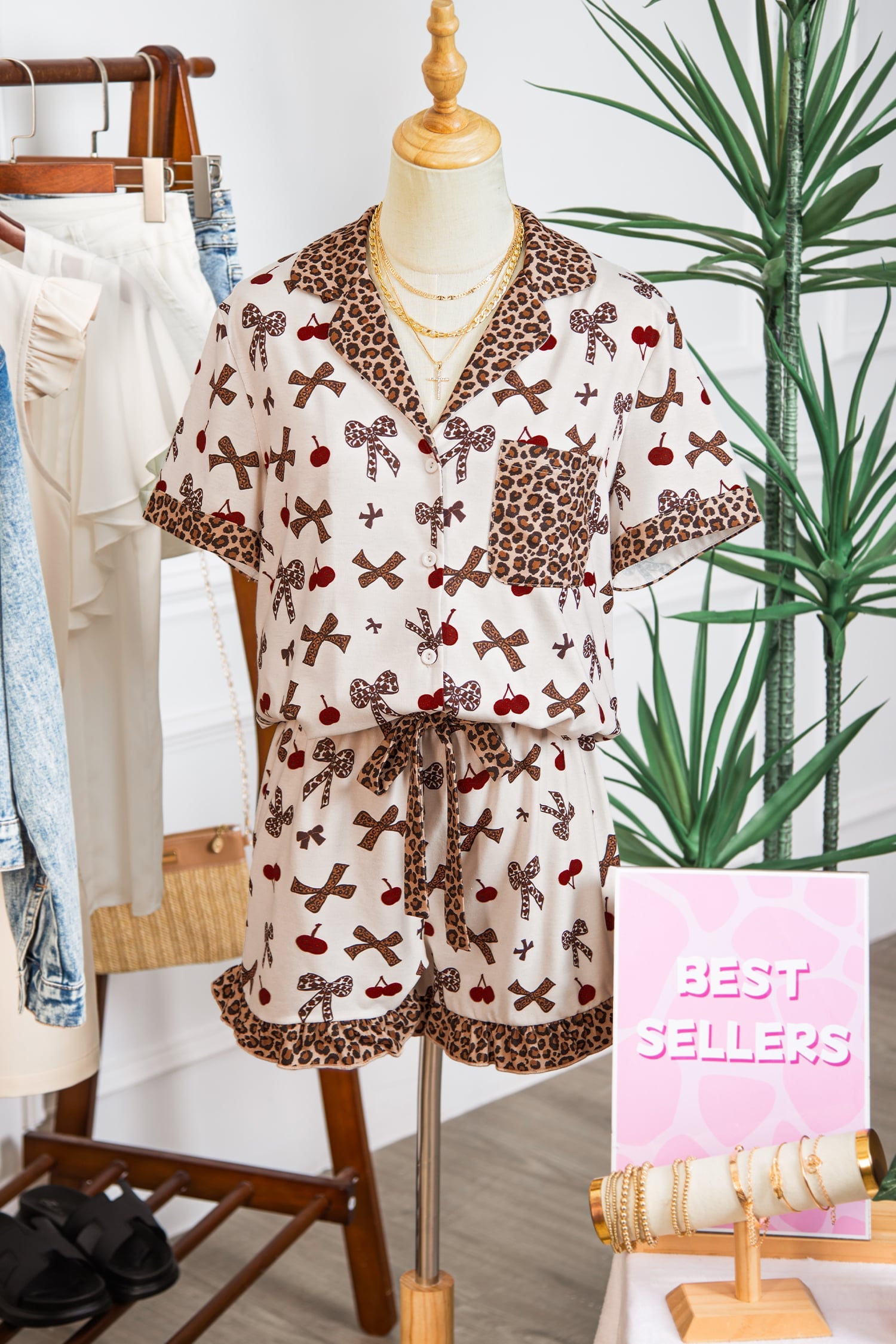 White Chic Bow Cherry Printed Leopard Contrast Patchwork Shirt Drawstring Shorts 2pcs PJ Set