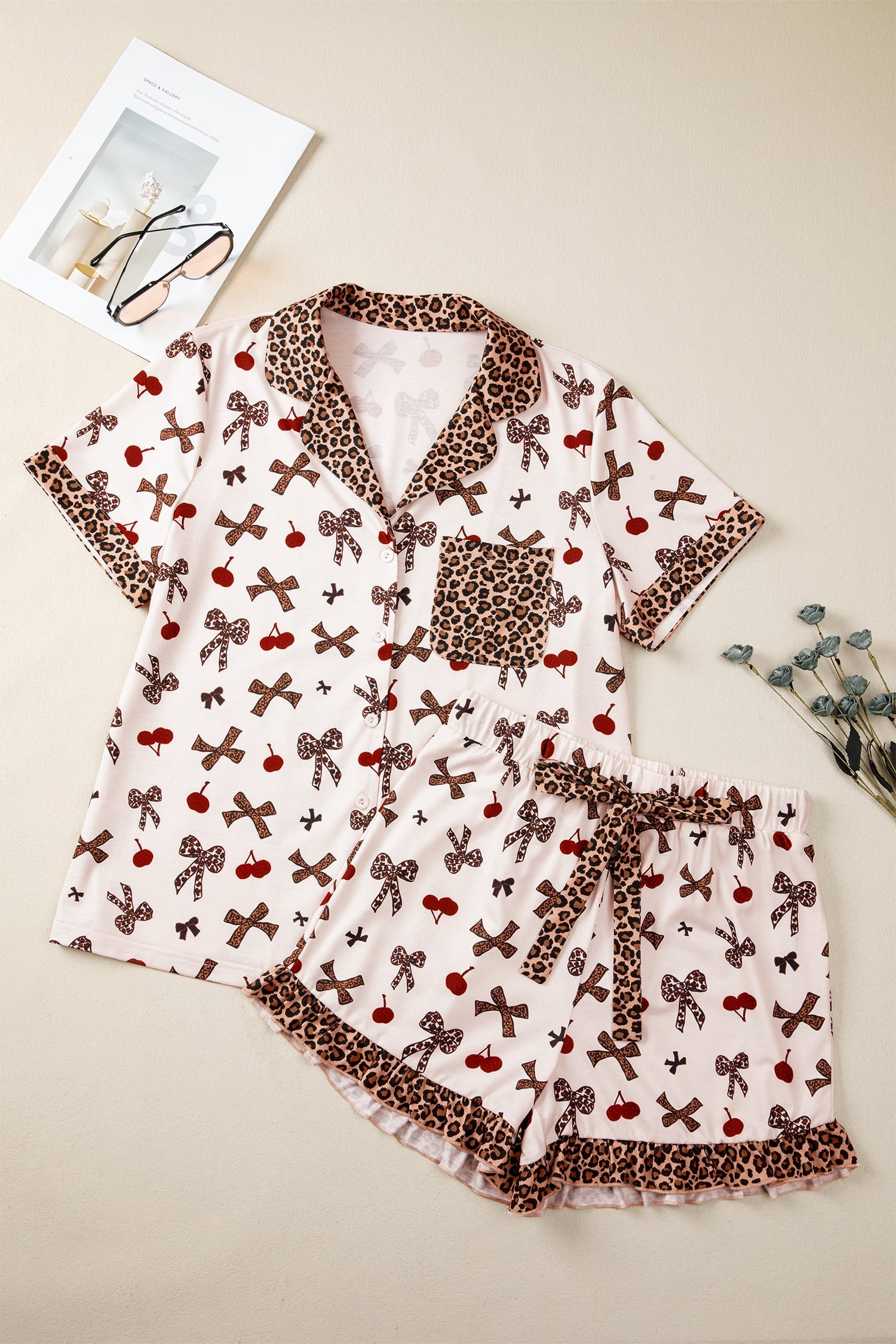 White Chic Bow Cherry Printed Leopard Contrast Patchwork Shirt Drawstring Shorts 2pcs PJ Set