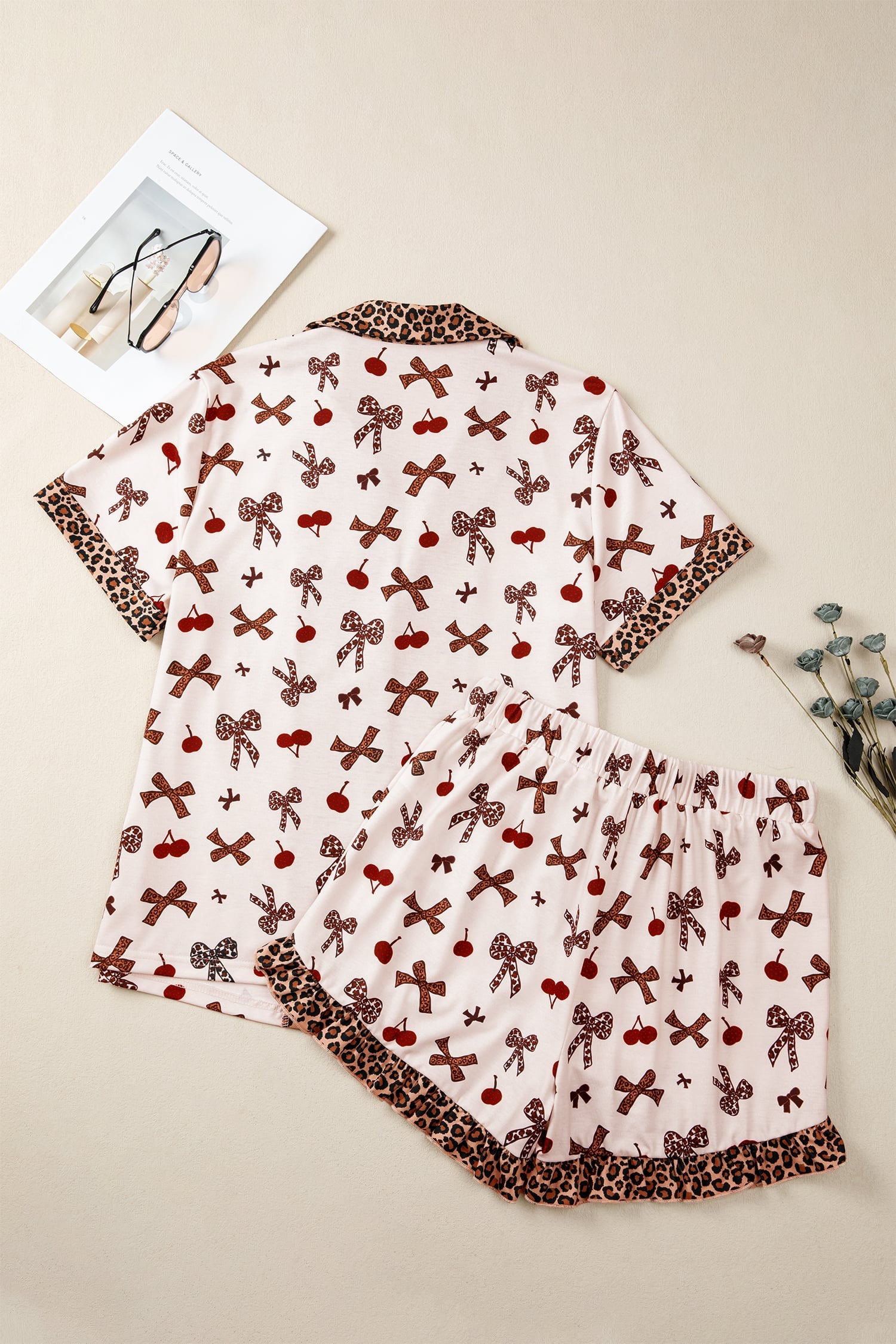 White Chic Bow Cherry Printed Leopard Contrast Patchwork Shirt Drawstring Shorts 2pcs PJ Set