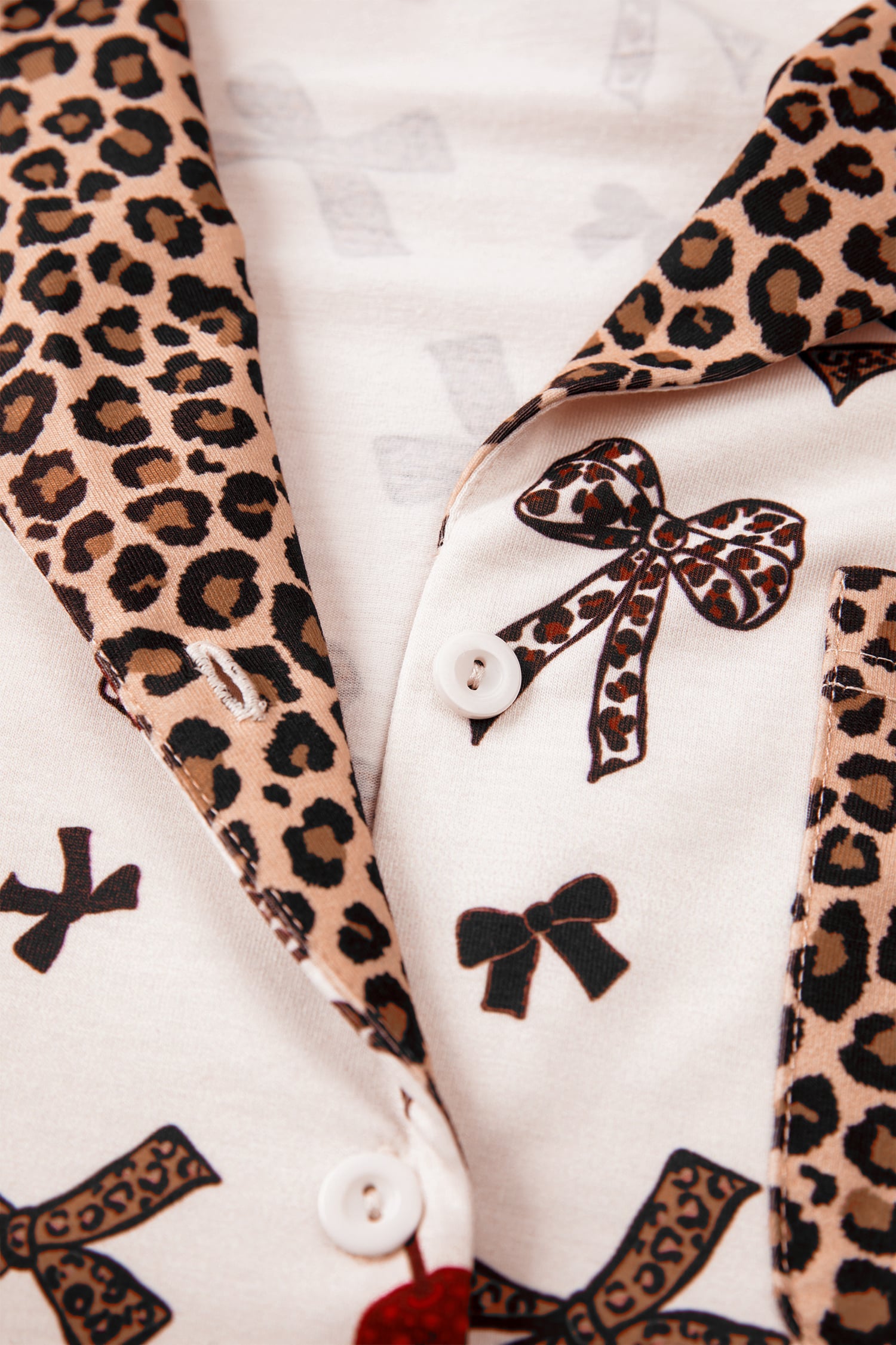 White Chic Bow Cherry Printed Leopard Contrast Patchwork Shirt Drawstring Shorts 2pcs PJ Set