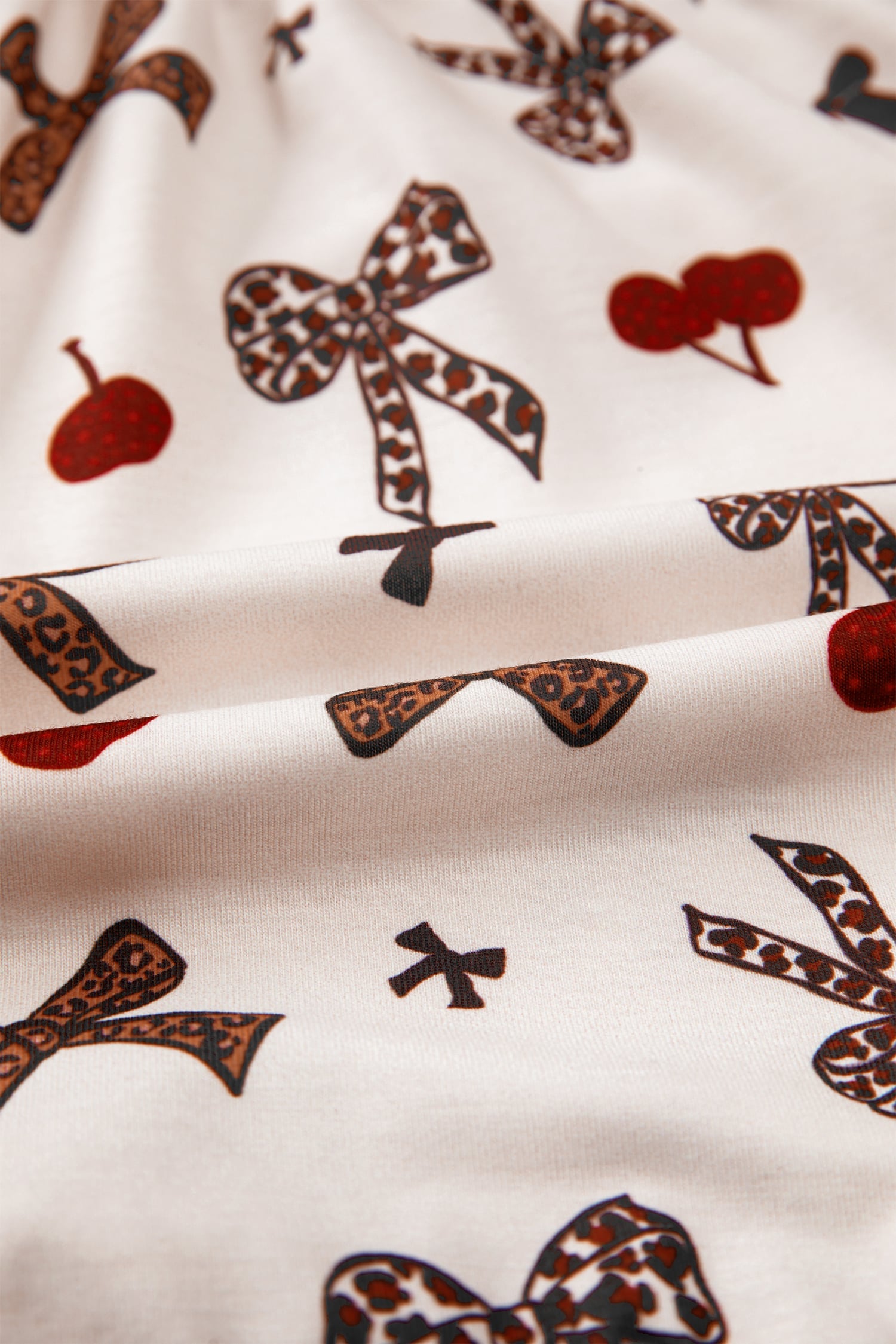 White Chic Bow Cherry Printed Leopard Contrast Patchwork Shirt Drawstring Shorts 2pcs PJ Set