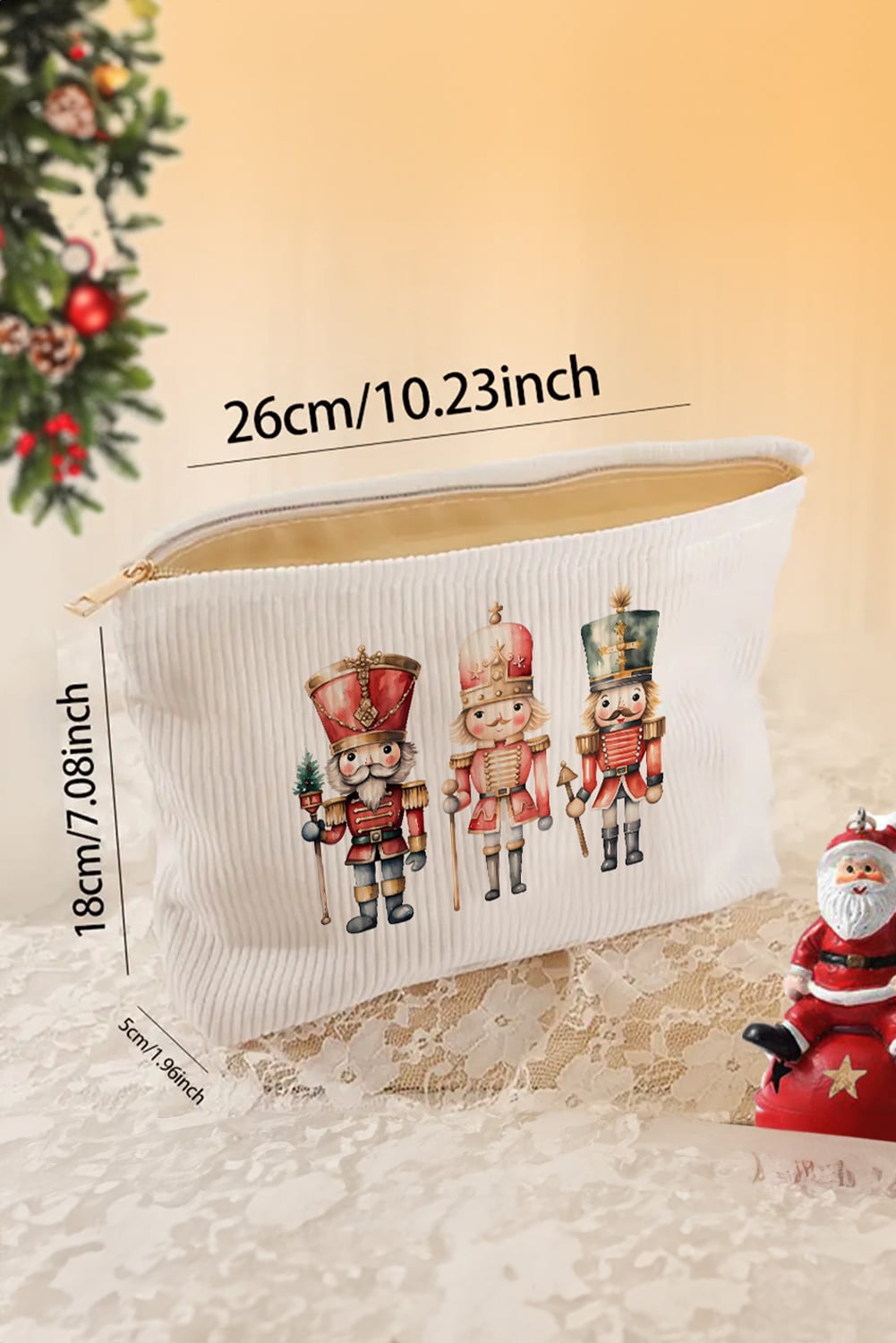 White Christmas Fashion Print Corduroy Zip Up Cosmetic Bag