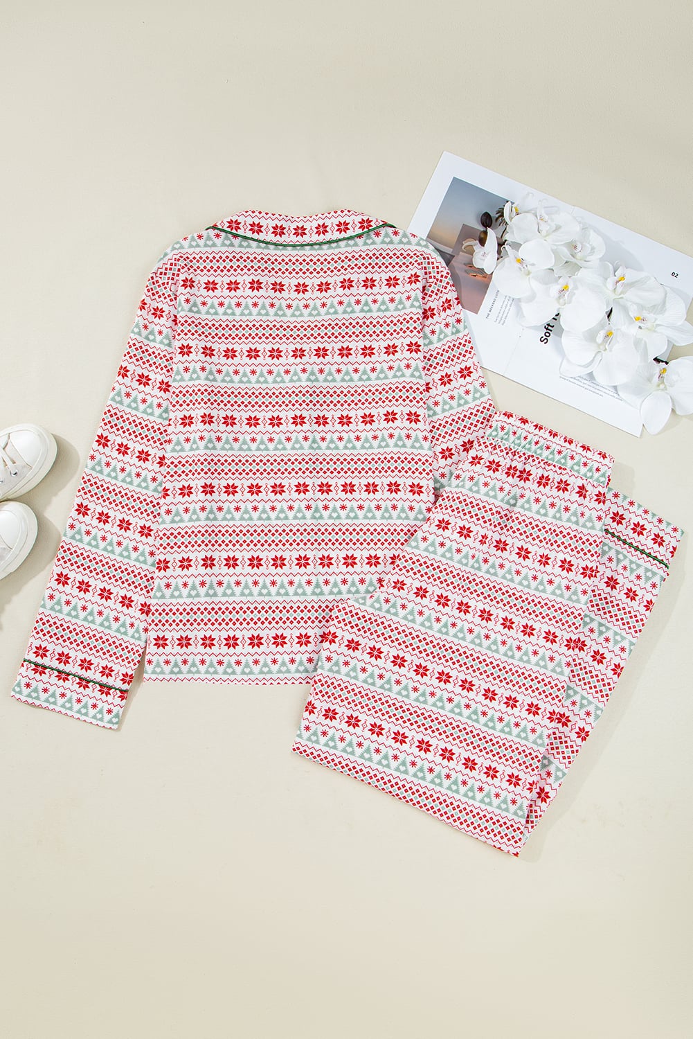 White Christmas Pattern Print Shirt Style Long 2pcs Pajama Set