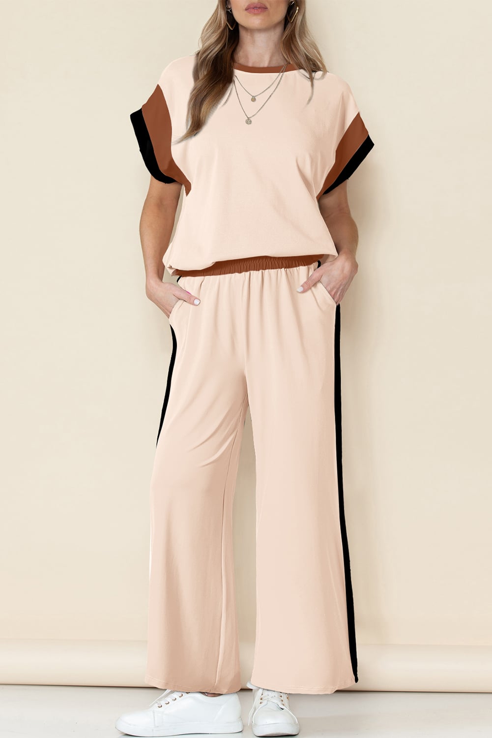 White Color Block Detail Casual Two-piece Set