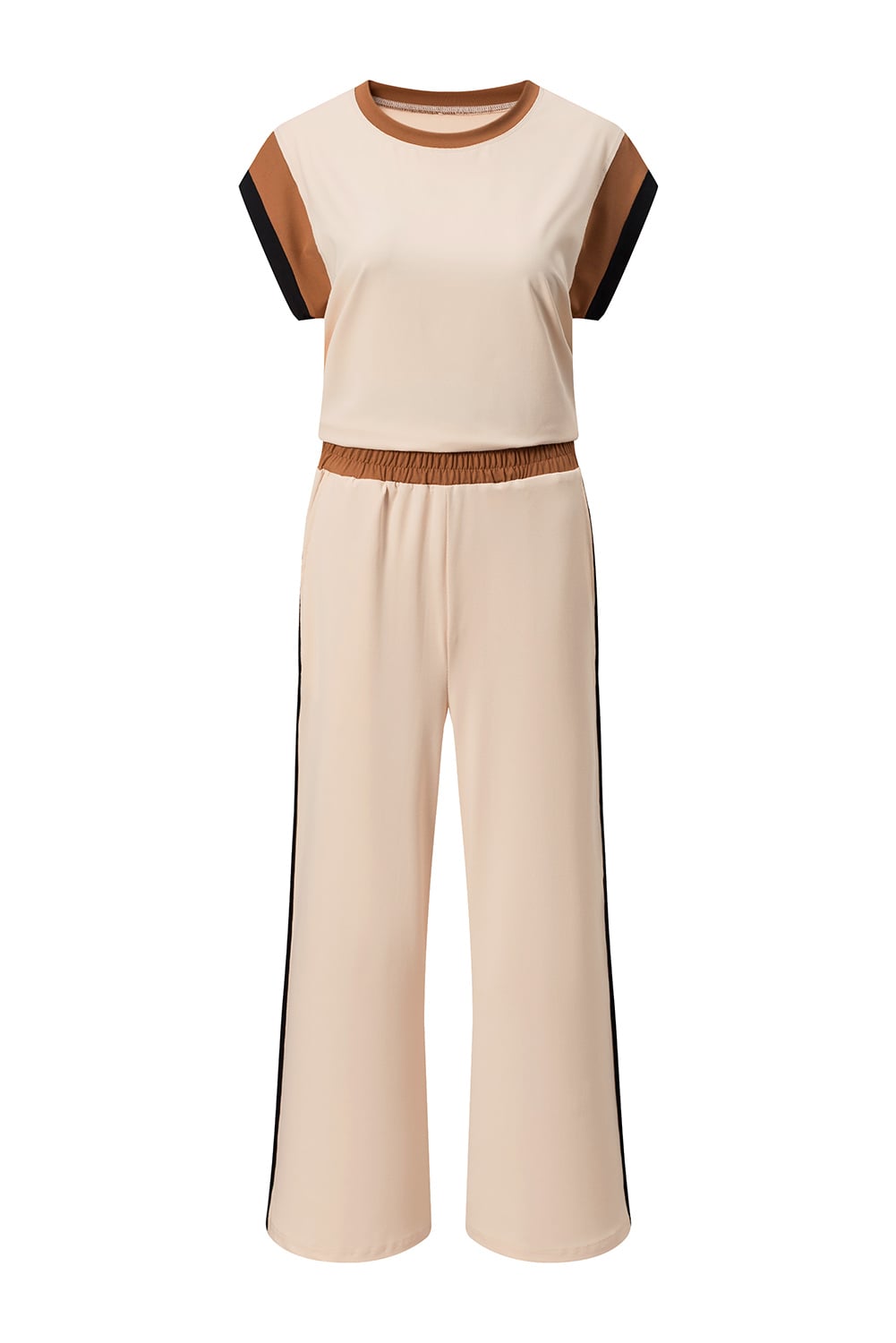 White Color Block Detail Casual Two-piece Set