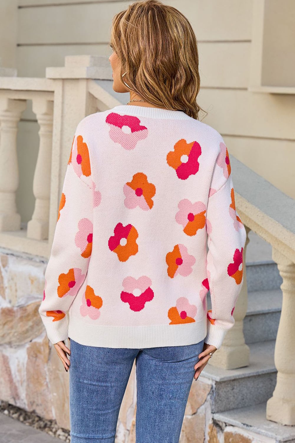 White Color Block Flower Cute Pattern Drop Shoulder Bulk Sweater