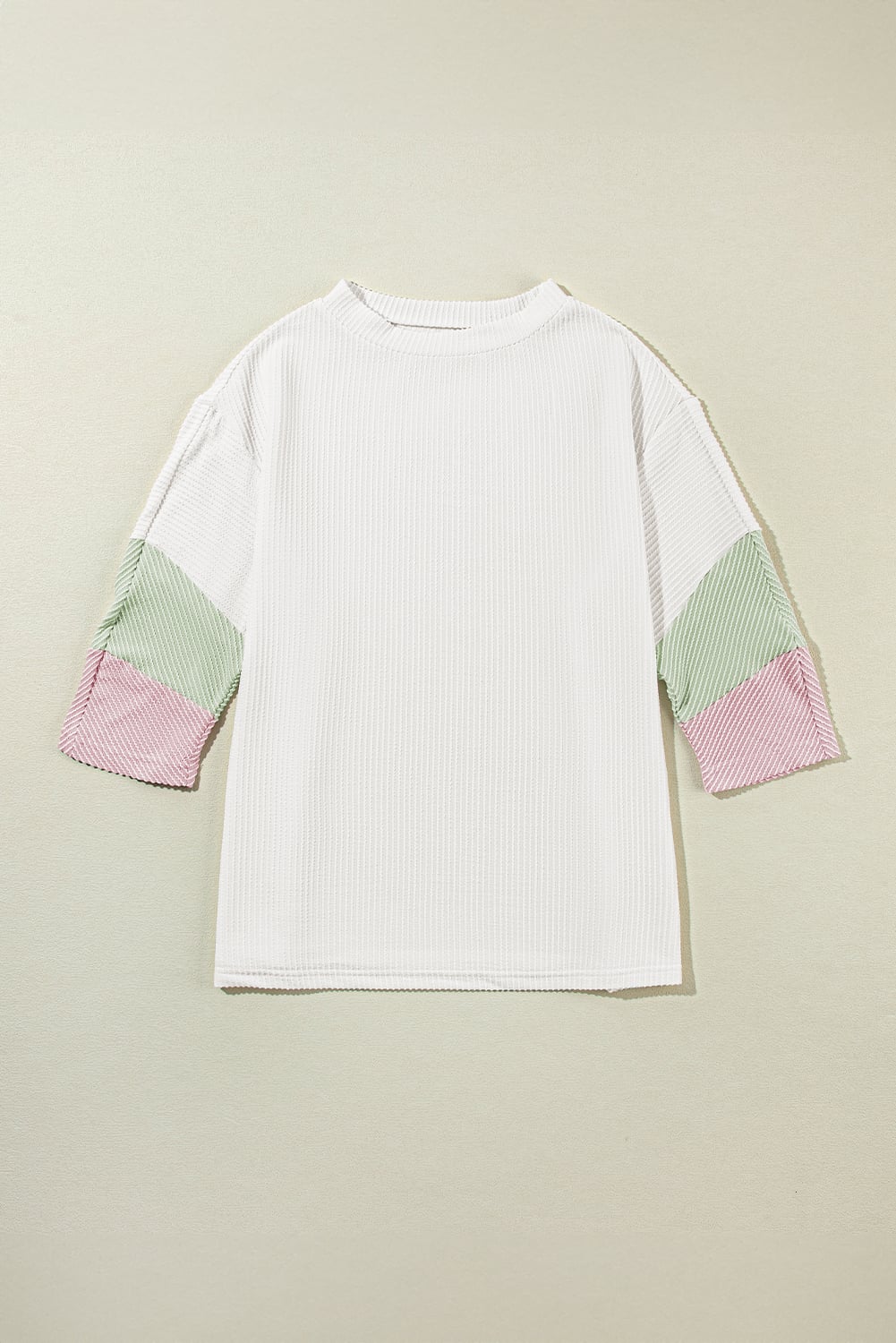 White Color Block Ribbed Knit Quarter Sleeve Top