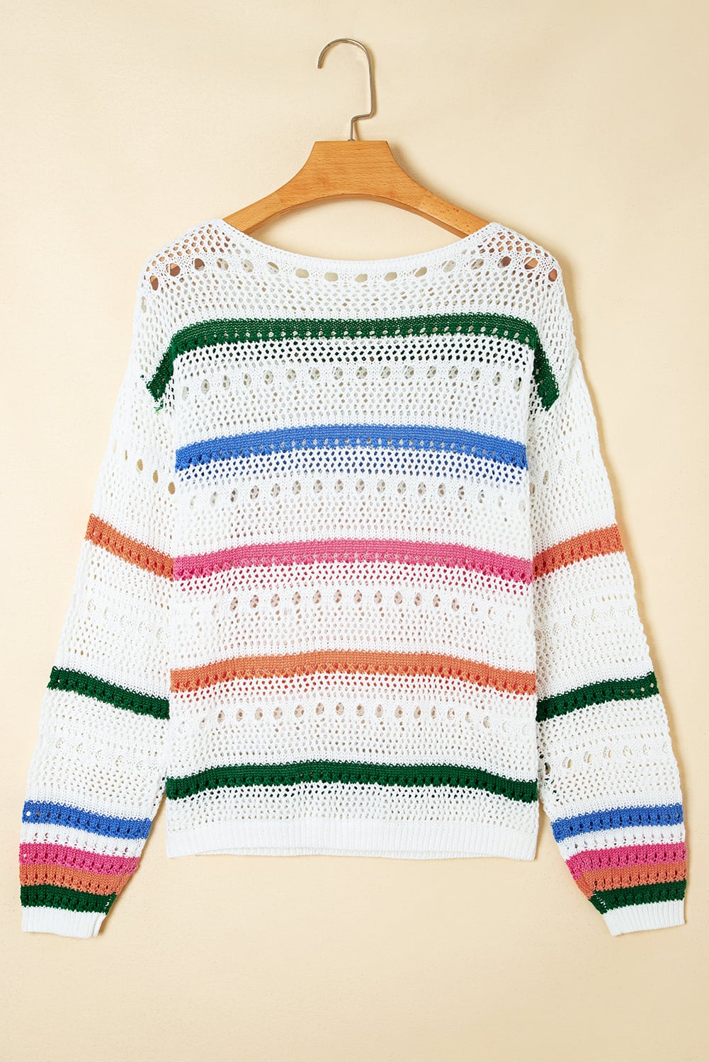 White Color Block Striped Pointelle Knit Sweater