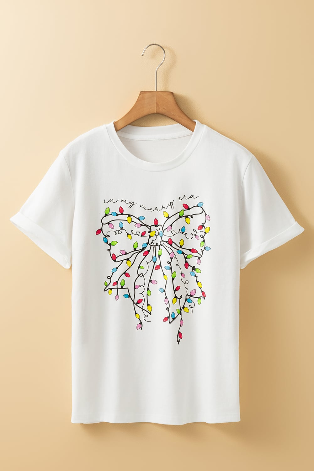White Colored Light Bowknot Graphic Crewneck T Shirt