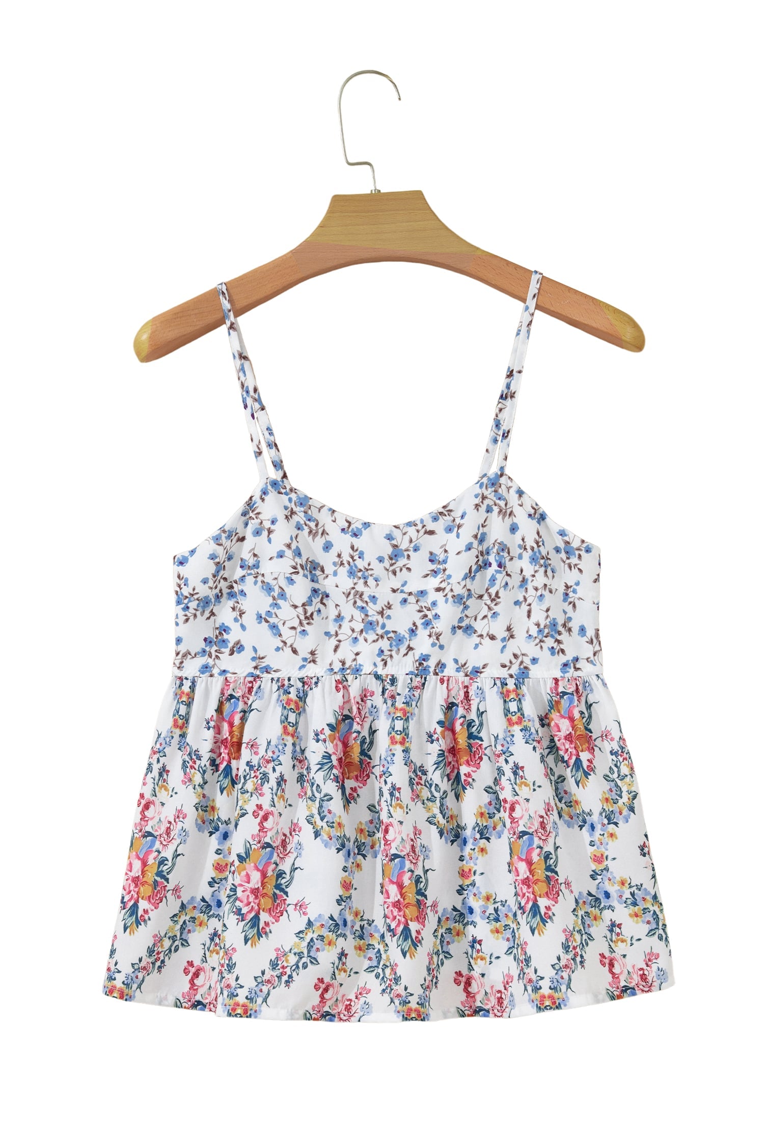 White Contrast Floral Printed Spaghetti Straps Babydoll Top
