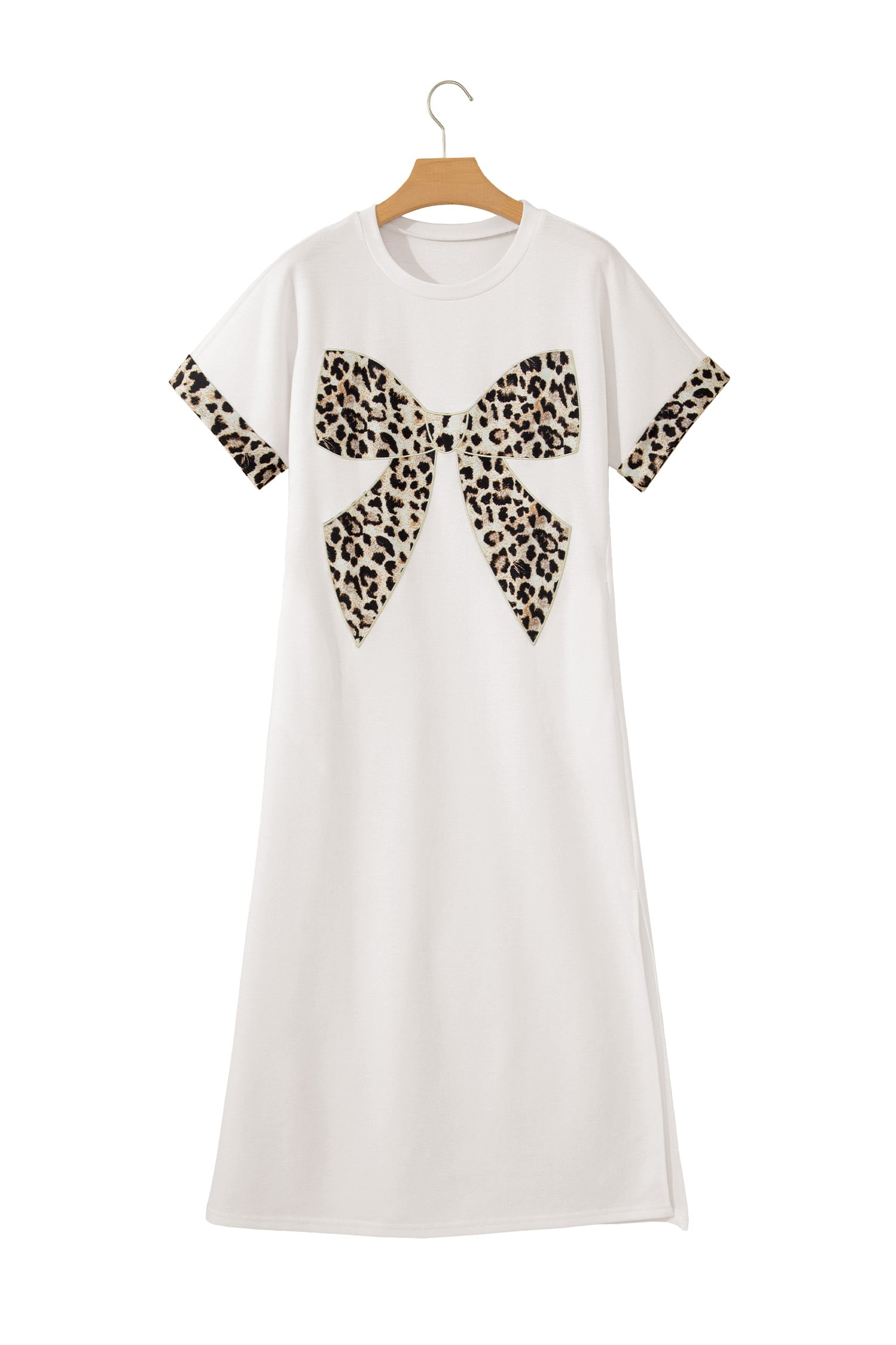 White Contrast Leopard Bow Patched Short Sleeve T Shirt Long Dress