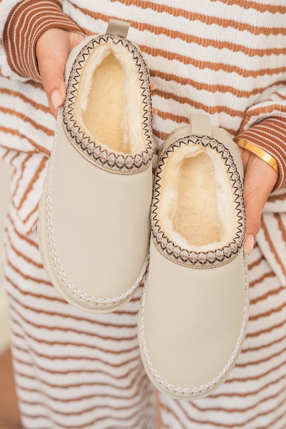 White Faux Suede Woven Trim Plush Lining Platform Slippers