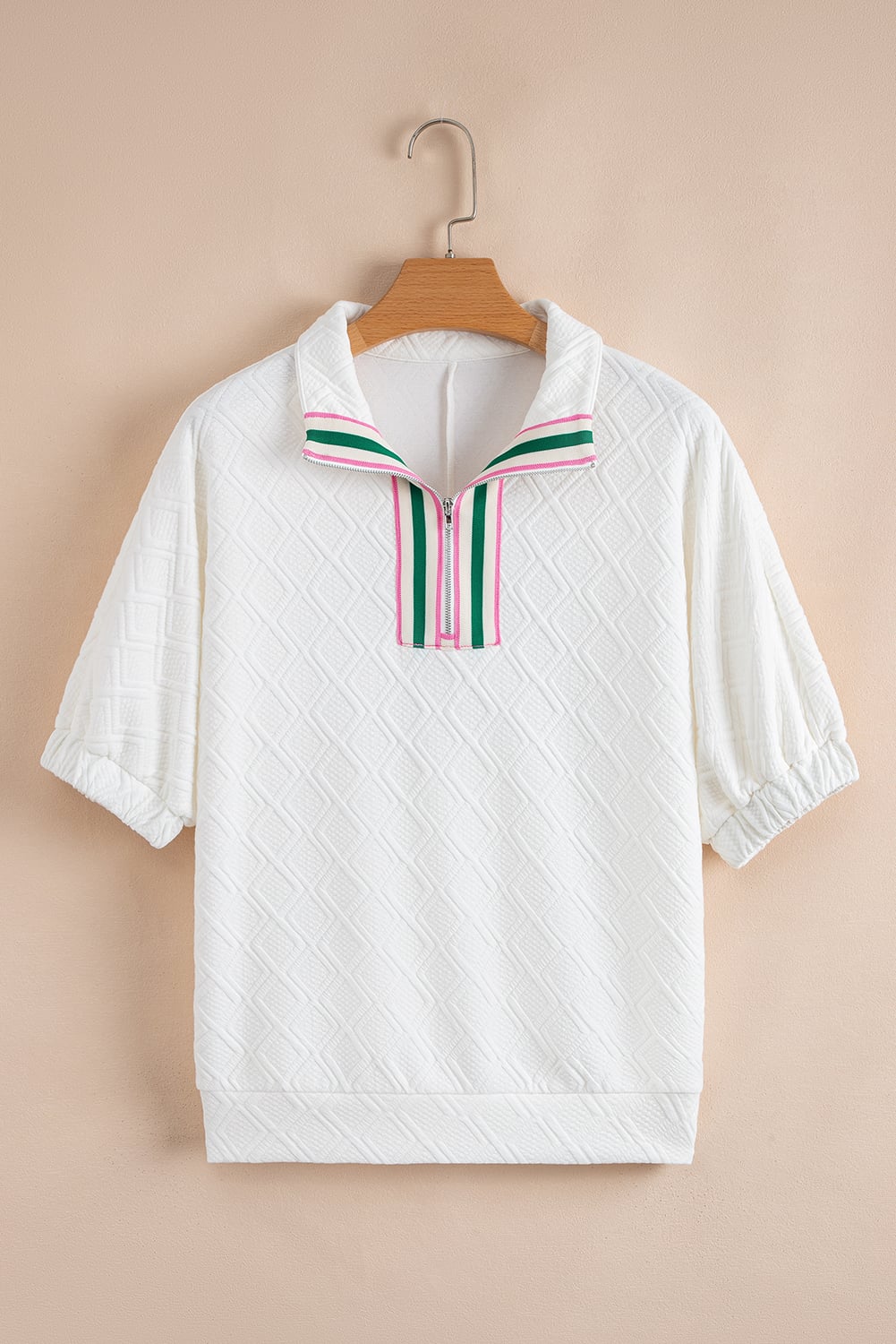 White Contrast Striped Collar Patchwork Textured Half Sleeve Blouse