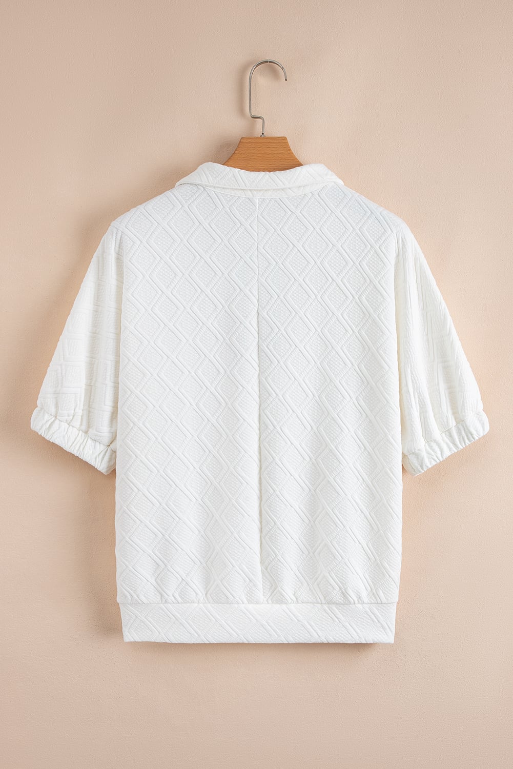 White Contrast Striped Collar Patchwork Textured Half Sleeve Blouse