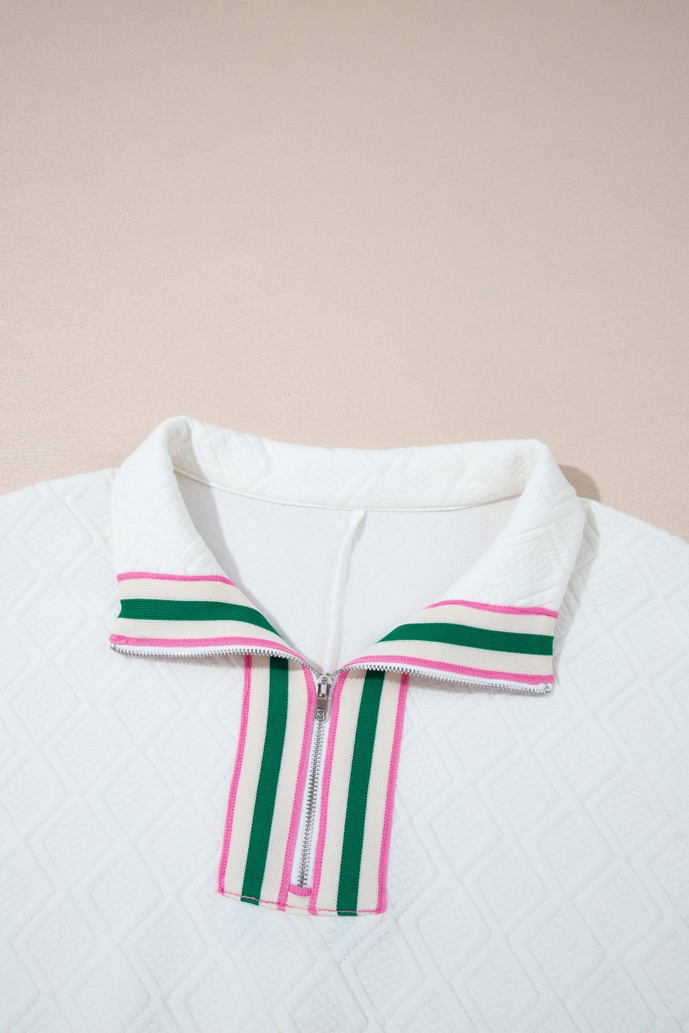 White Contrast Striped Collar Patchwork Textured Half Sleeve Blouse