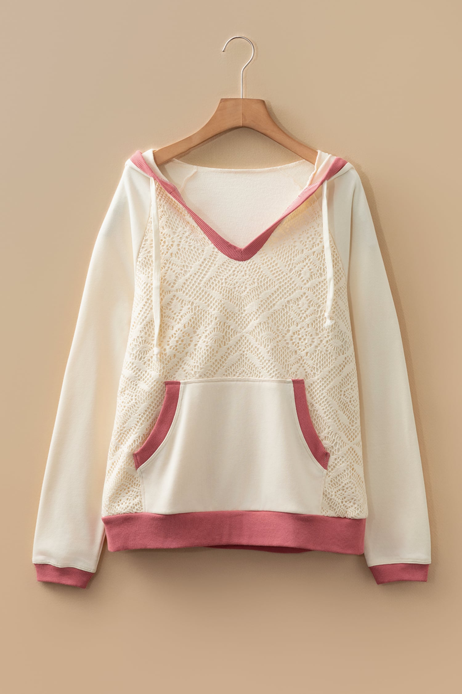 White Contrast Trim Crochet Knit Patchwork Exposed Seam Hoodie