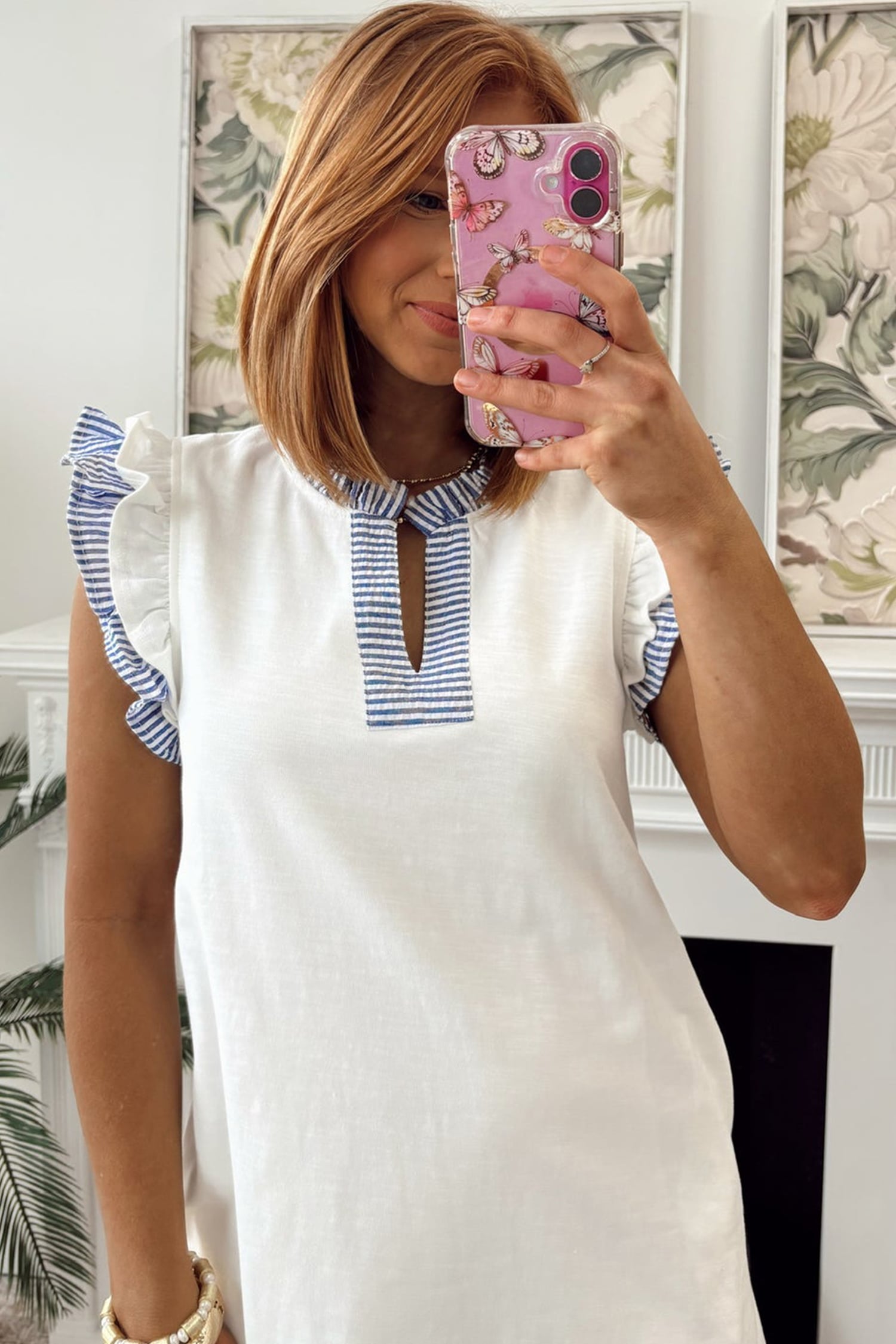 White Contrasted Striped Patchwork Split Neck Ruffle Trim Sleeveless Dress