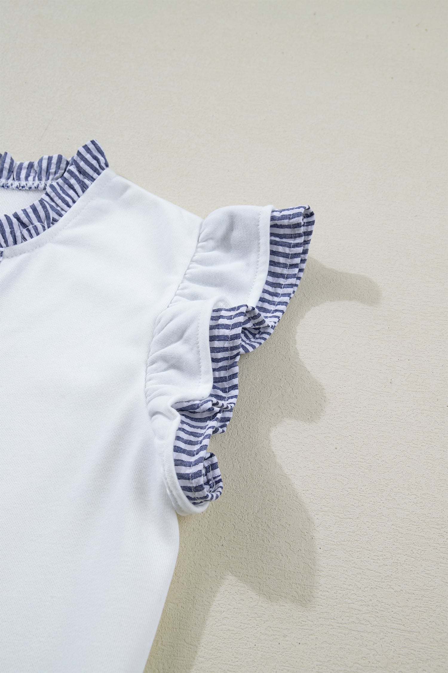 White Contrasted Striped Patchwork Split Neck Ruffle Trim Sleeveless Dress
