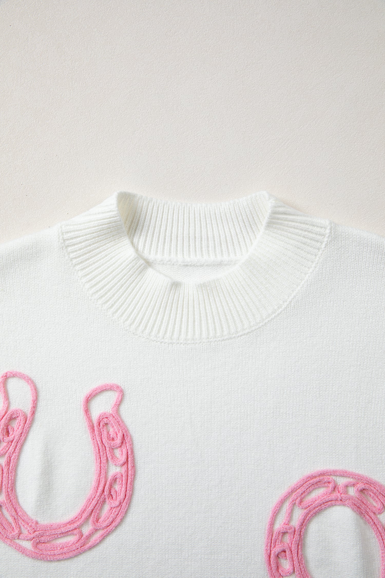 White Corded Horseshoes Ribbed Trim Mock Neck Short Sleeve Sweater