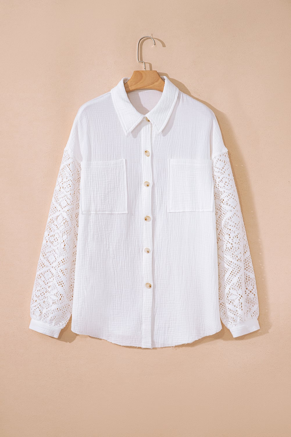 White Cotton Gauze Lace Patchwork Long Sleeve Shirt