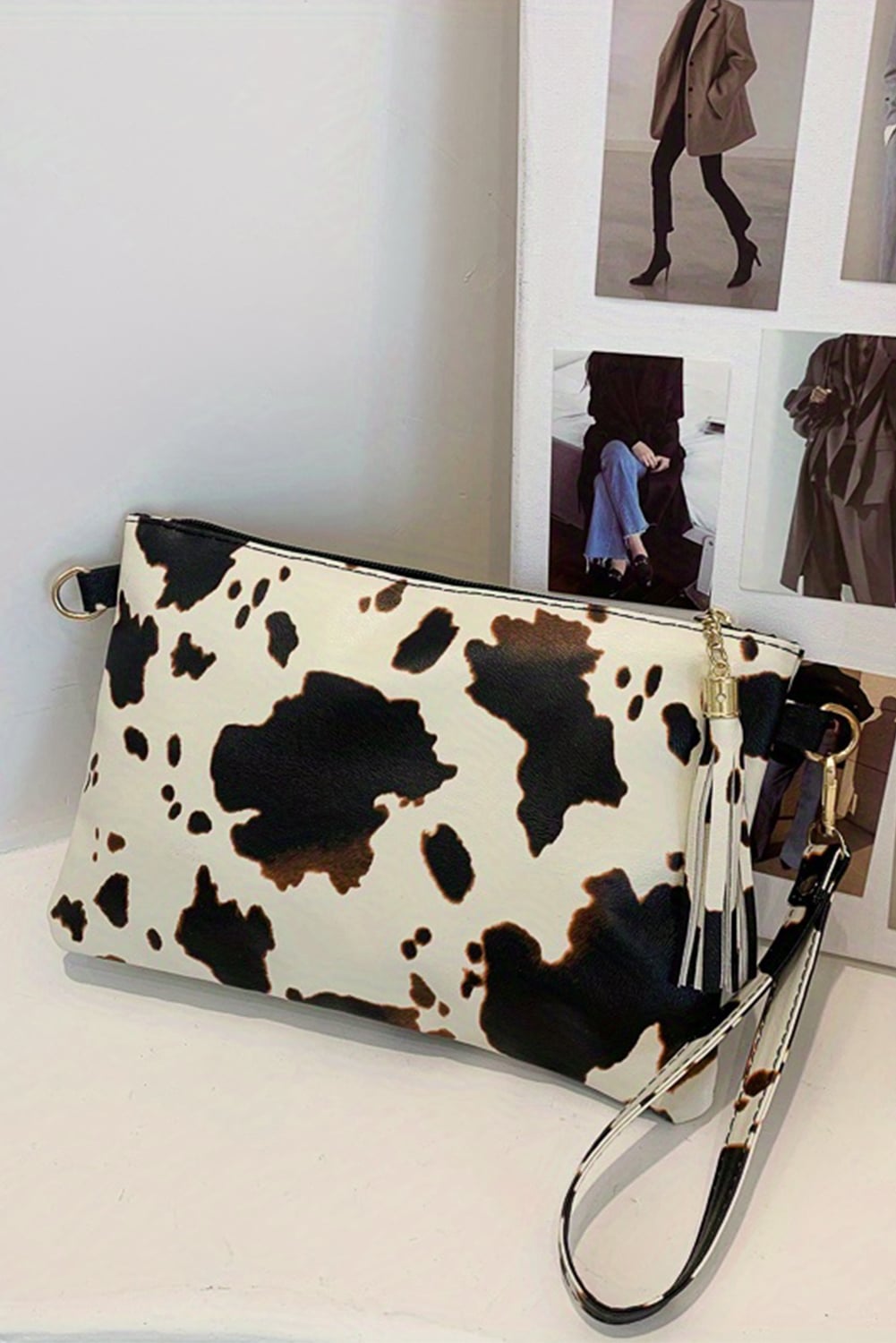 White Leopard/Cow Print Wrist Strap Zipped Wallet