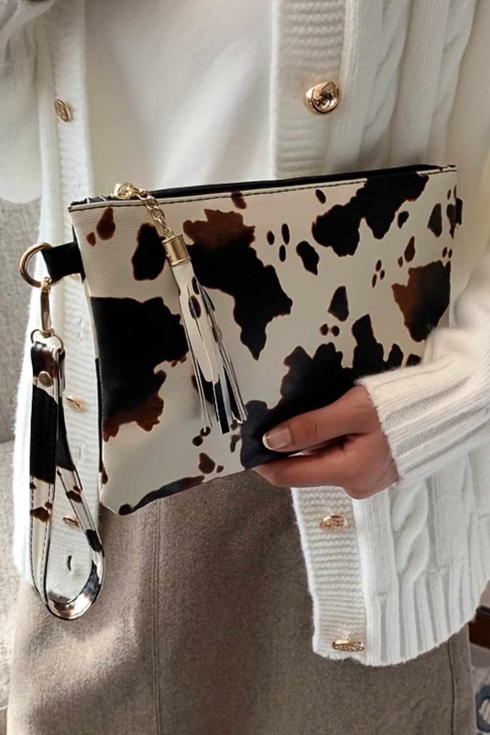 White Leopard/Cow Print Wrist Strap Zipped Wallet