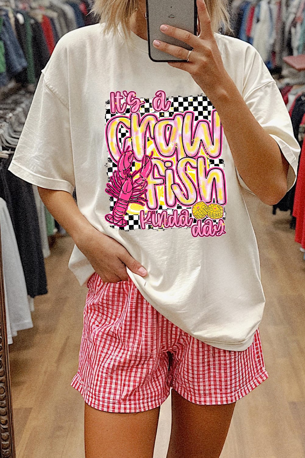 White Crawfish Checkered Pattern Graphic Tee