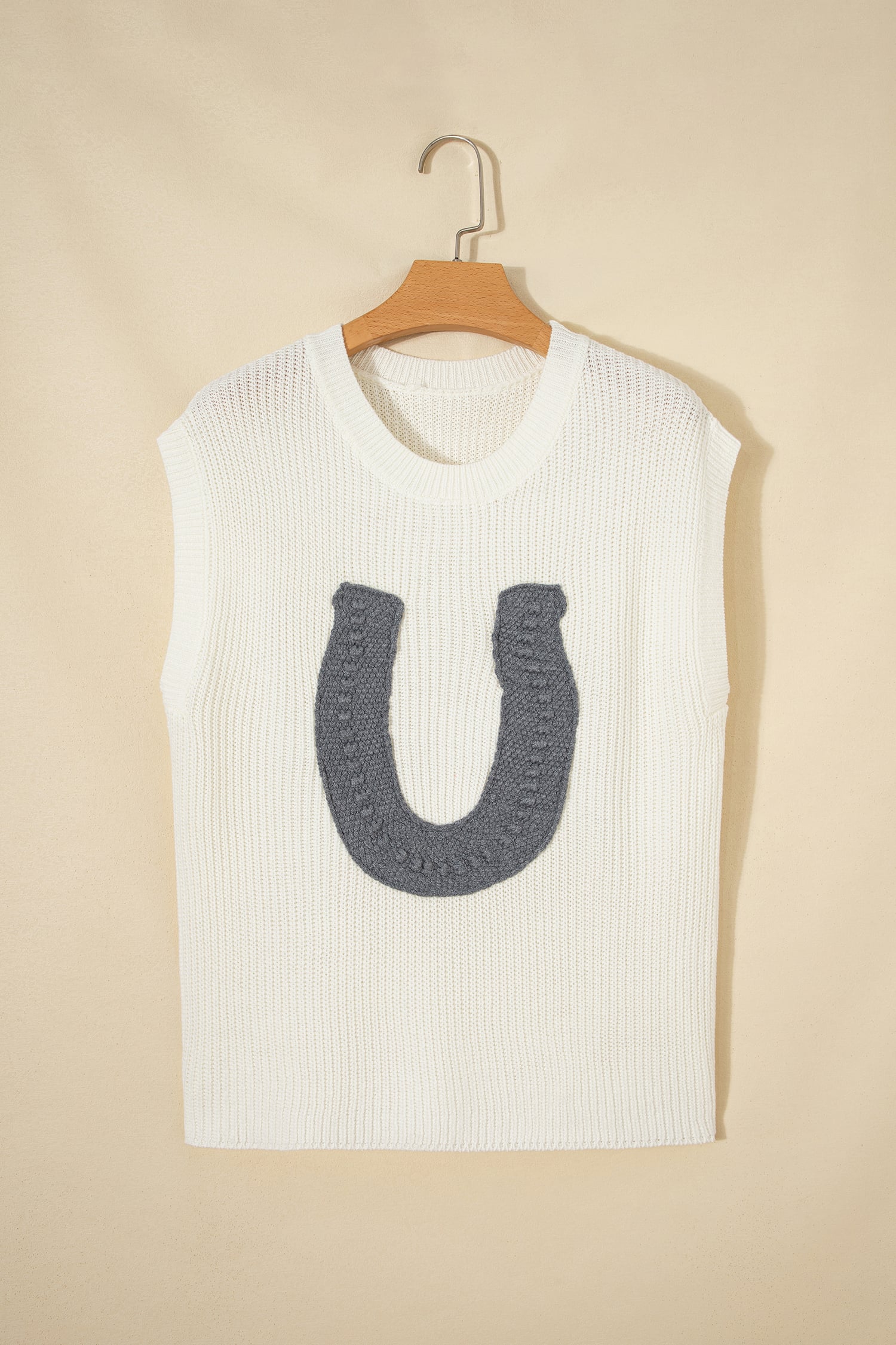 White Crochet Horseshoe Short Sleeve Knit Sweater
