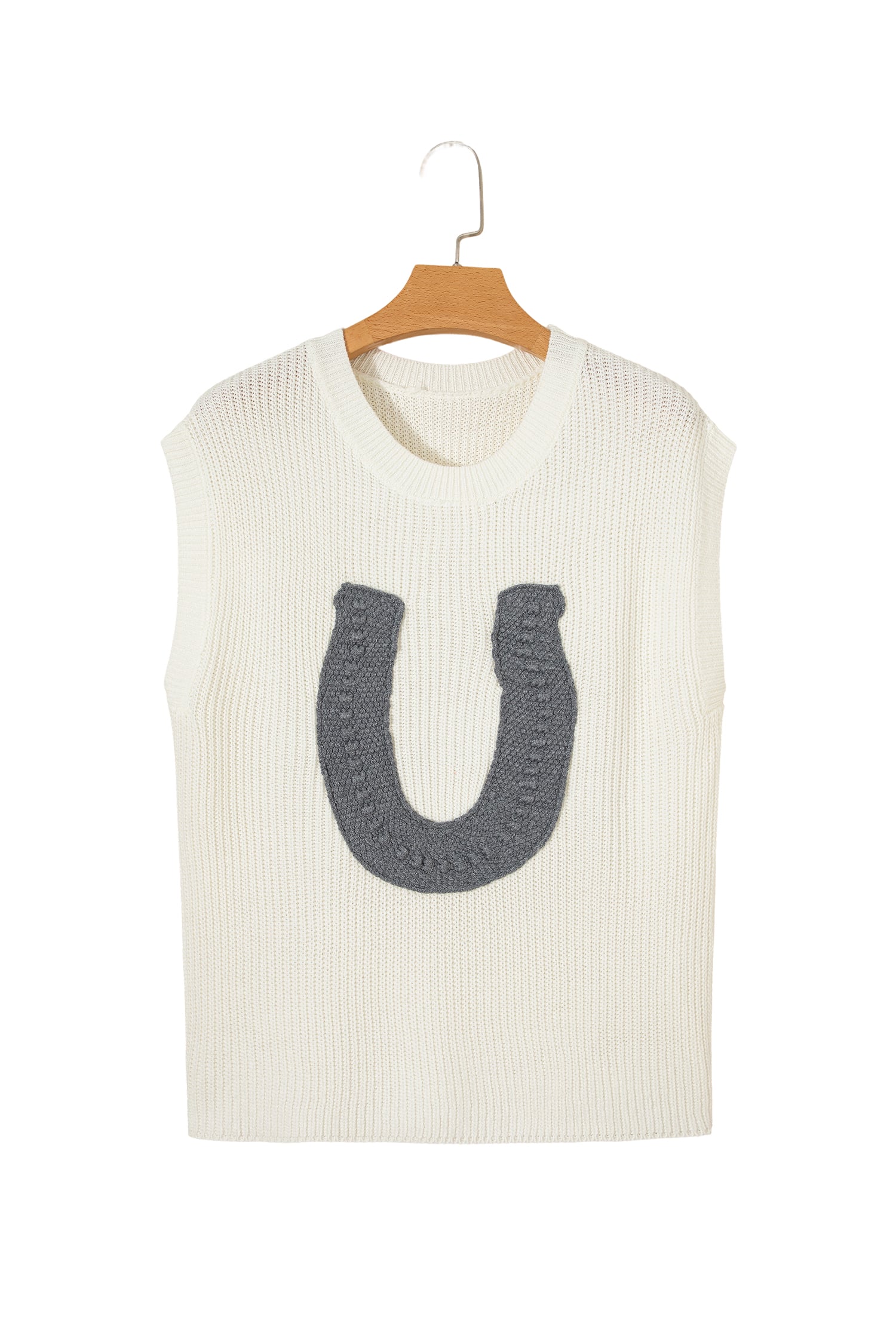 White Crochet Horseshoe Short Sleeve Knit Sweater