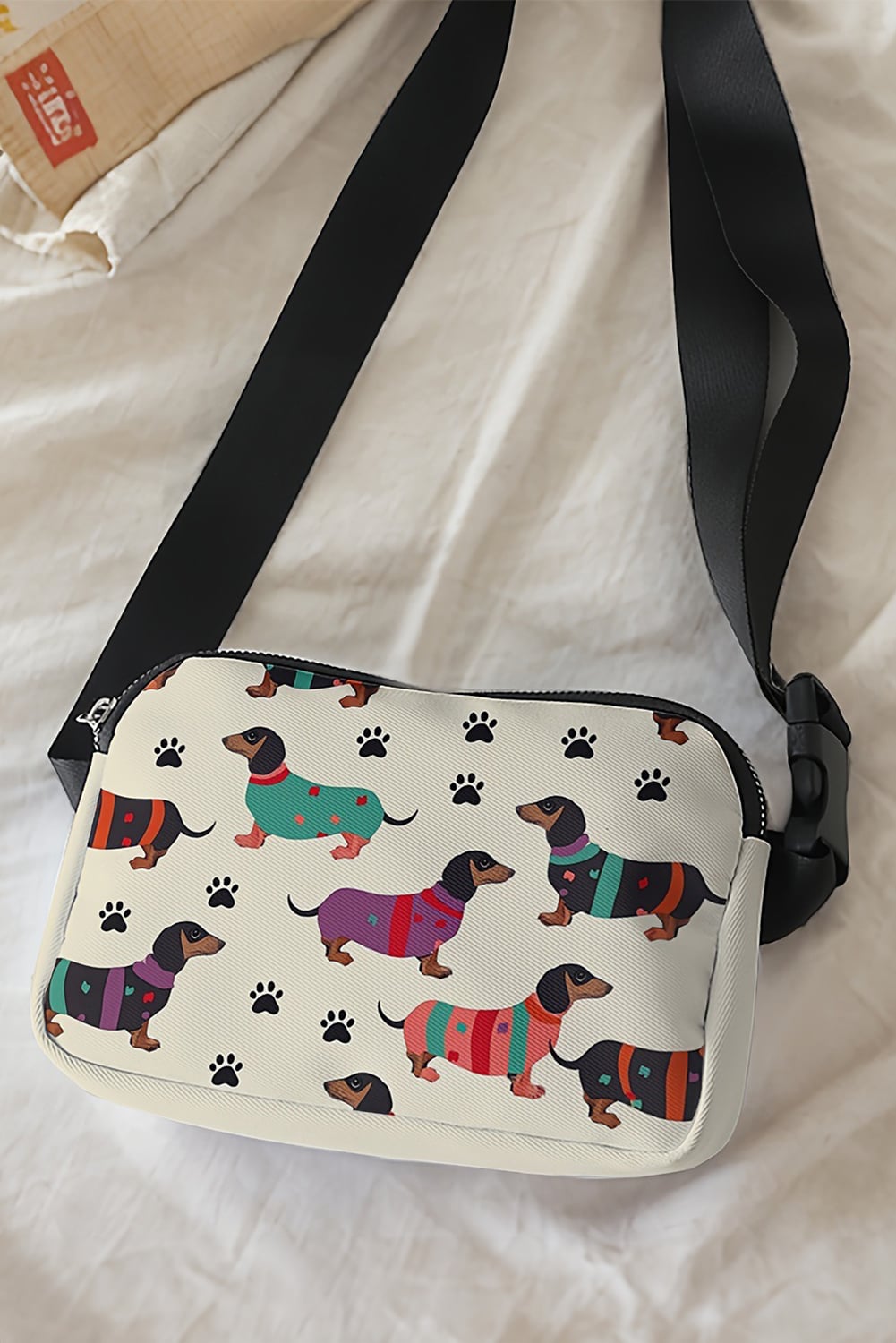 White Dachshund Walking Footprint Crossbody Bag