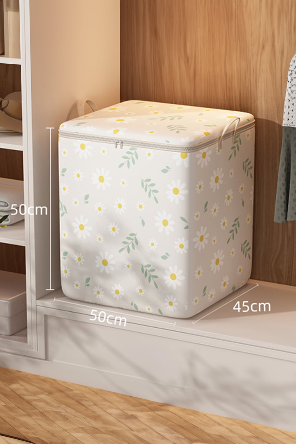 White Daisy Print Nonwovens Wardrobe Large Storage Bag with Lid