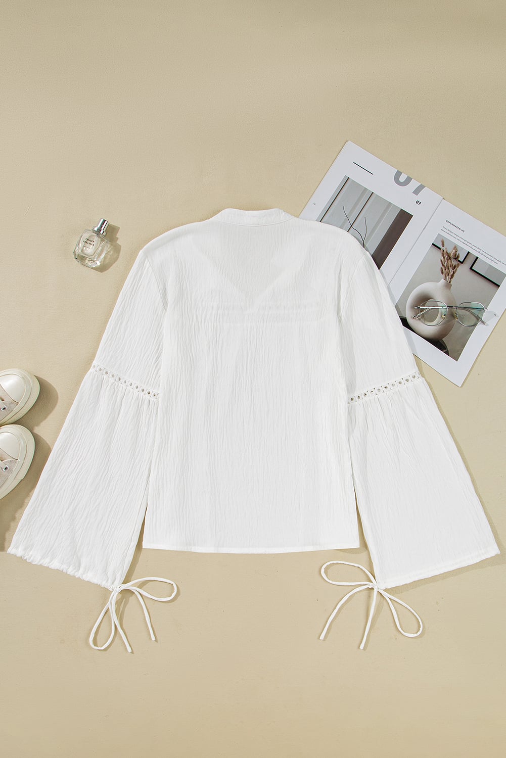 White Drawstring Lace Detail Puff Sleeve Split Neck Spring Fall Blouse
