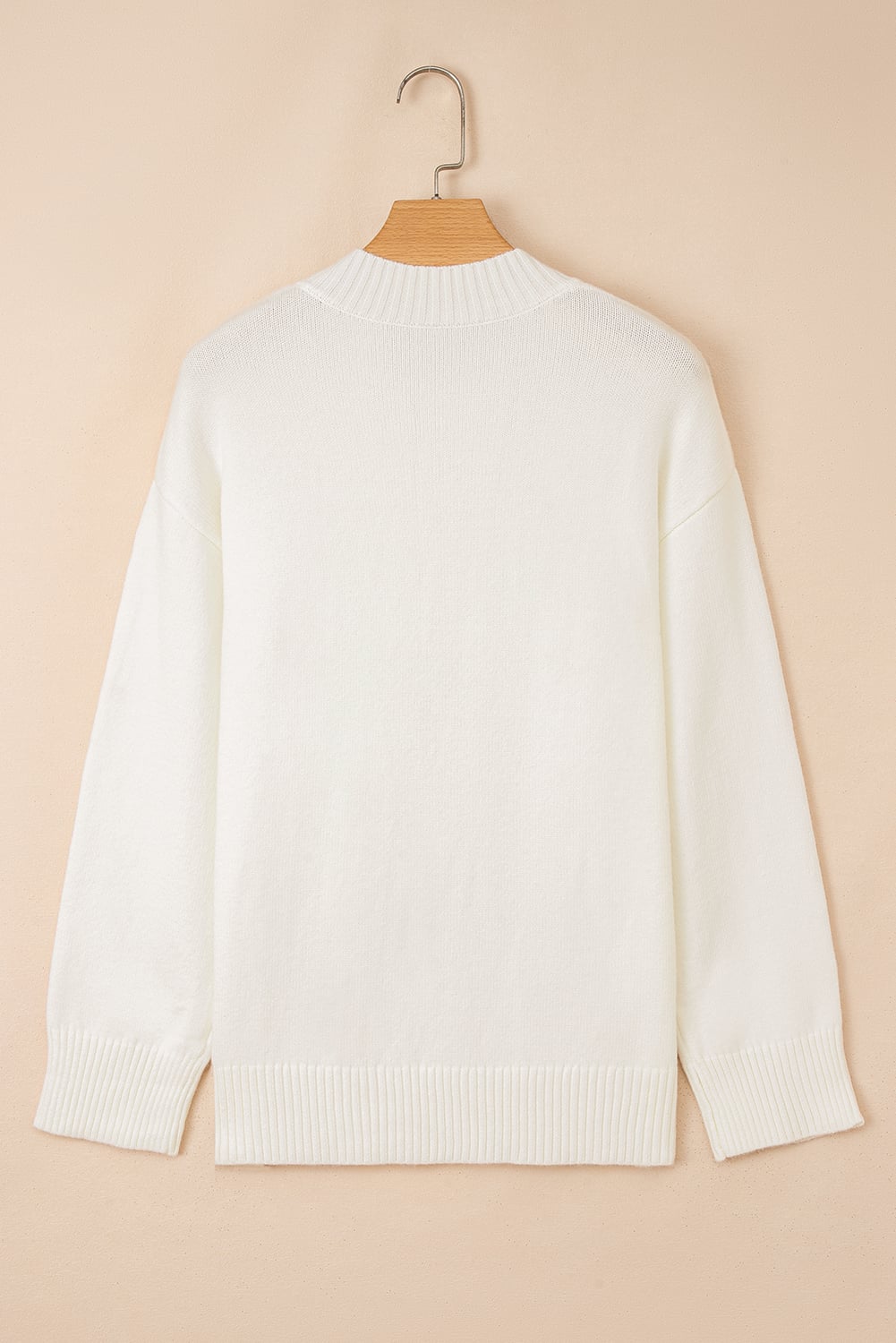 White Embroidered Flower Bouquet Ribbed Trim Loose Sweater