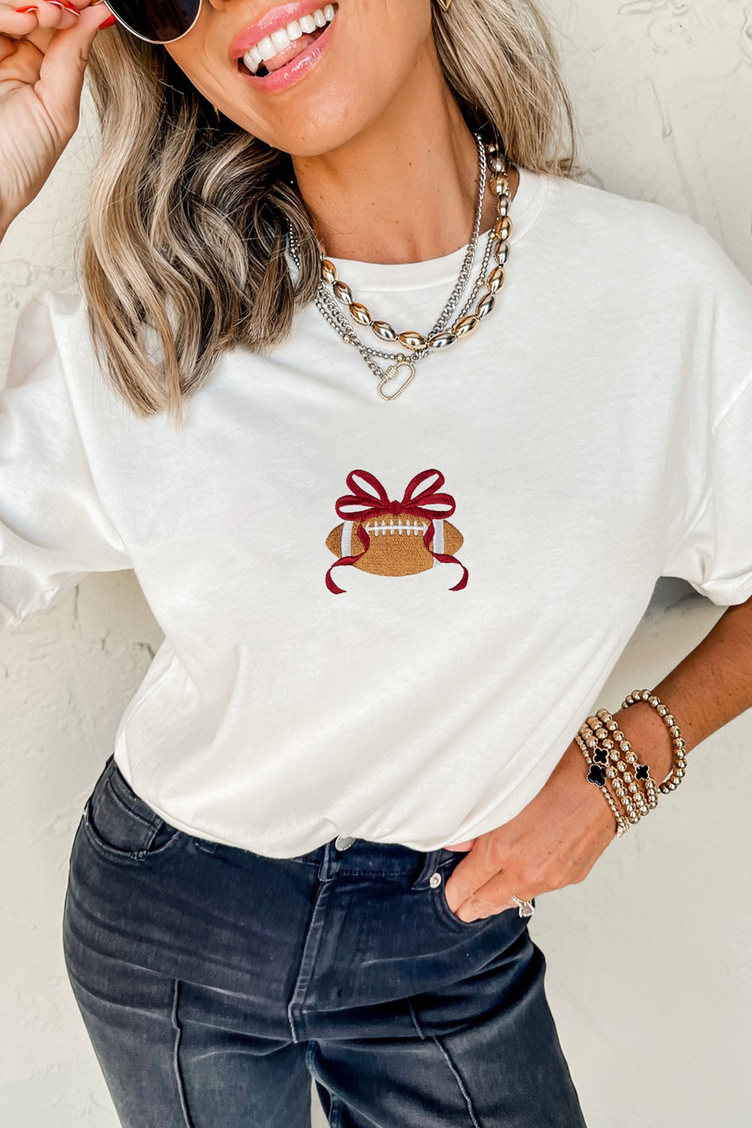 White Embroidered Bow Rugby Graphic Casual T-Shirt