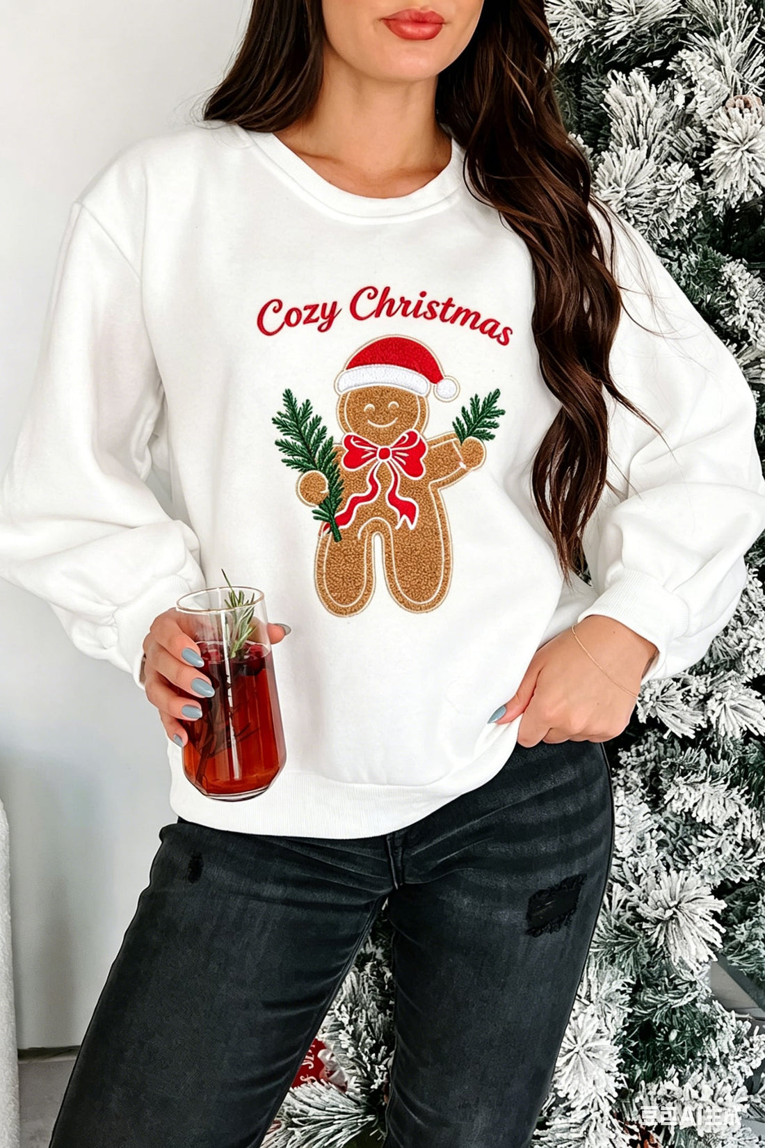White Embroidered Gingerbread Cozy Christmas Long Sleeve Round Neck Pullover Sweatshirt