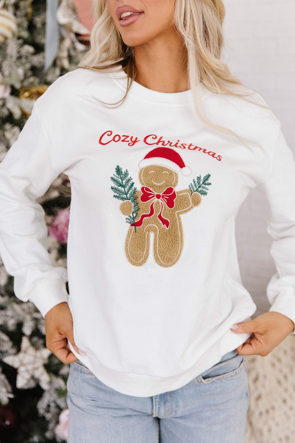 White Embroidered Gingerbread Cozy Christmas Long Sleeve Round Neck Pullover Sweatshirt