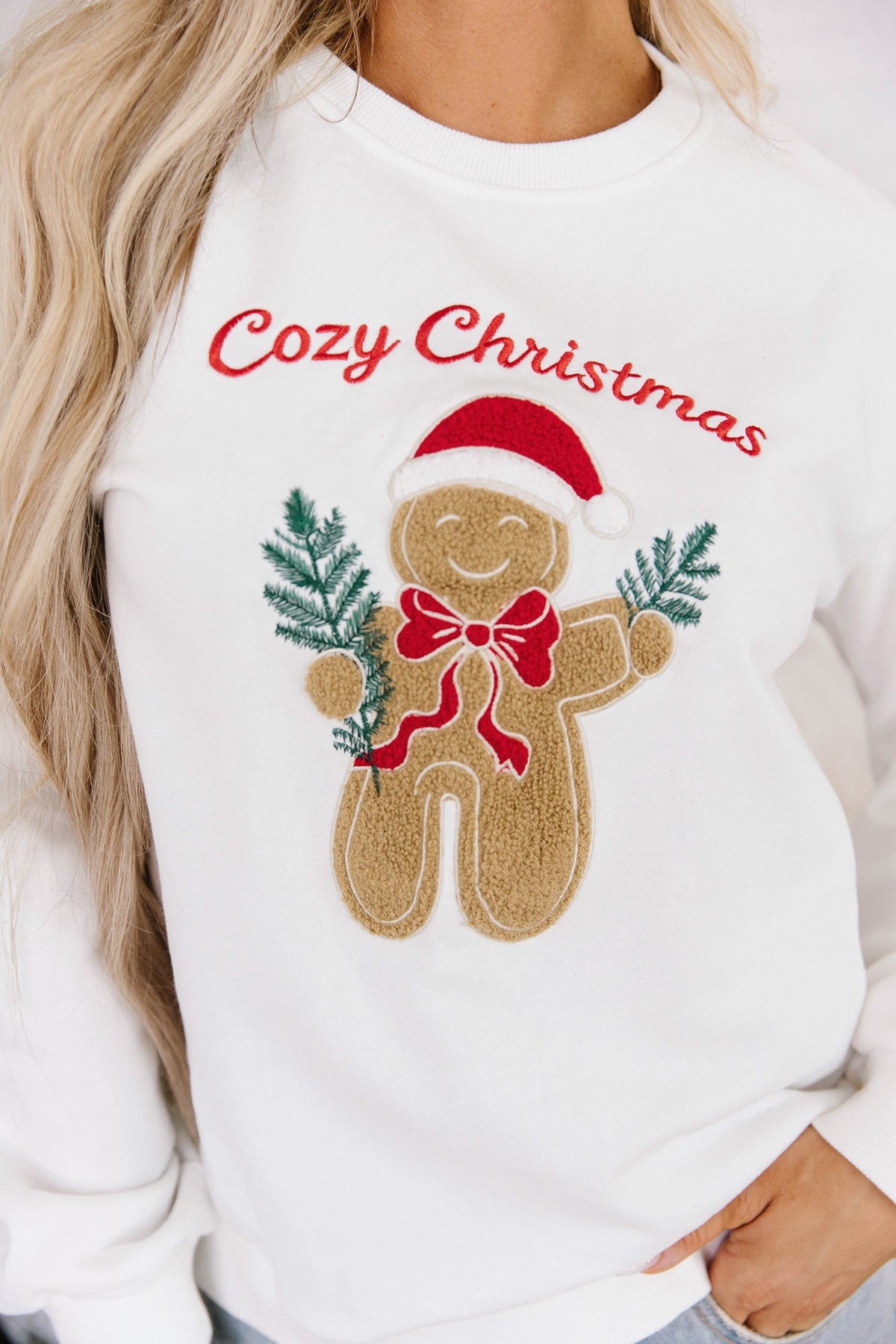 White Embroidered Gingerbread Cozy Christmas Long Sleeve Round Neck Pullover Sweatshirt