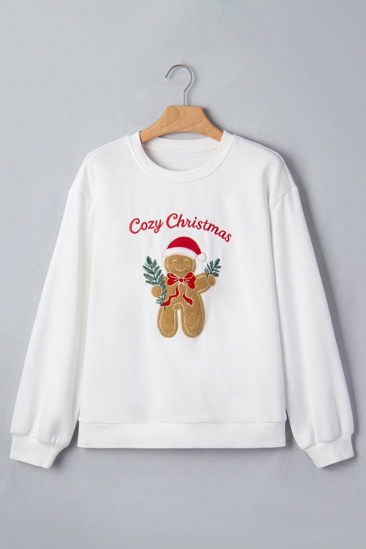 White Embroidered Gingerbread Cozy Christmas Long Sleeve Round Neck Pullover Sweatshirt