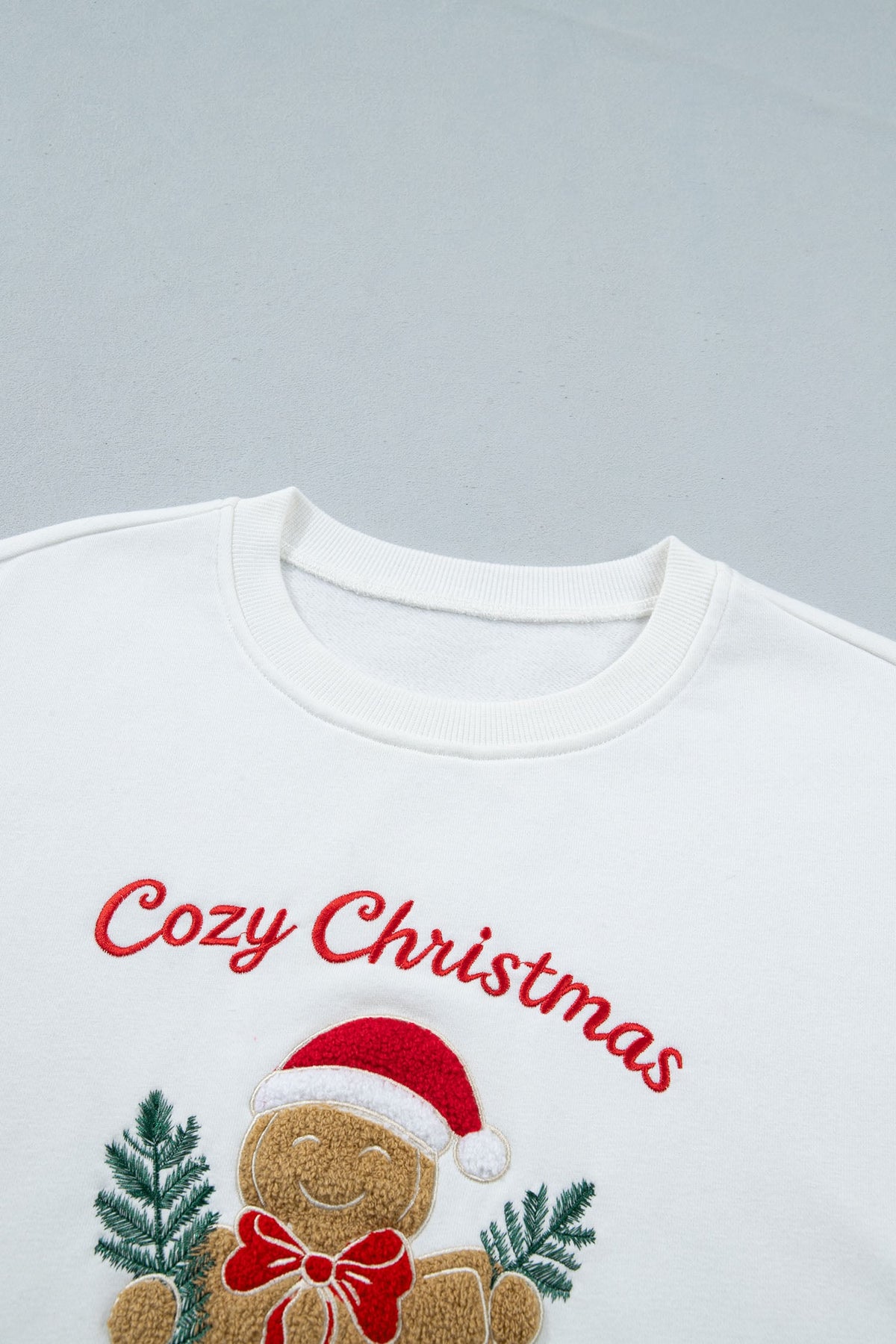 White Embroidered Gingerbread Cozy Christmas Long Sleeve Round Neck Pullover Sweatshirt