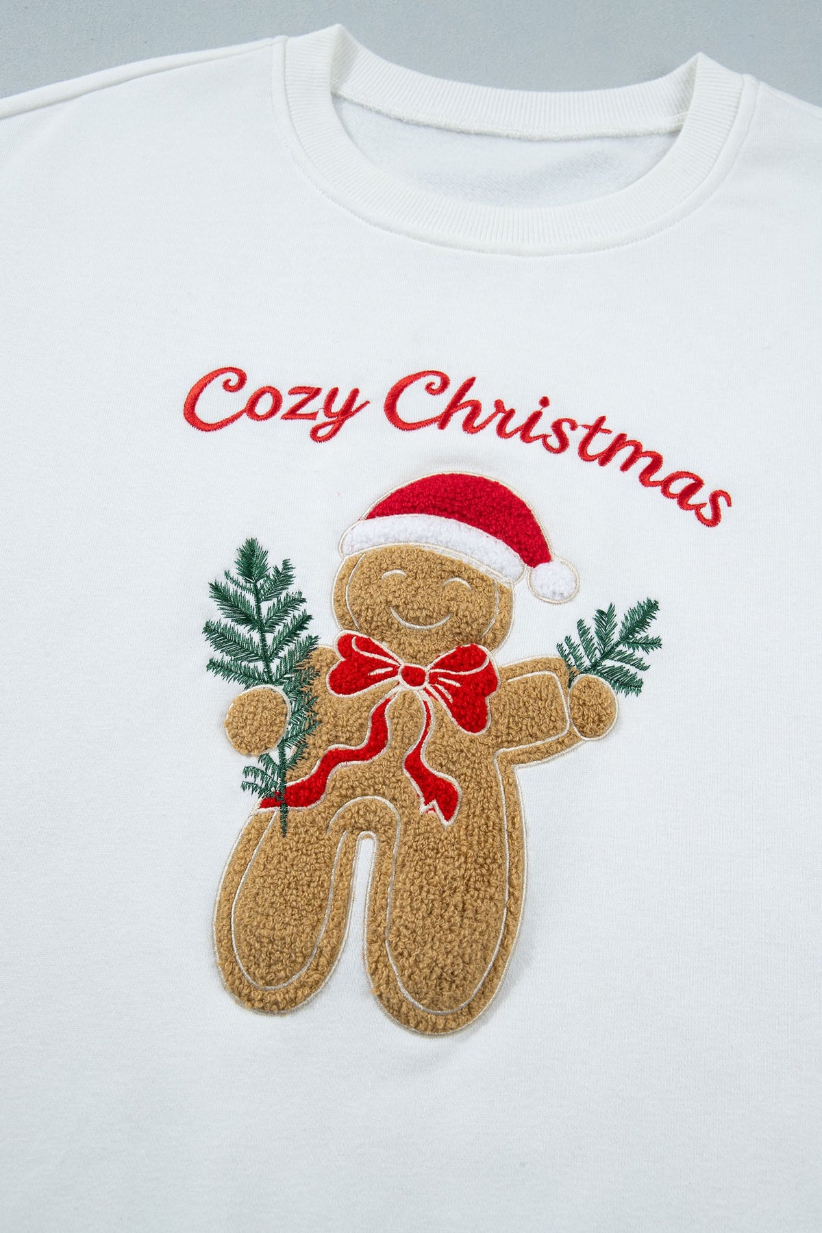 White Embroidered Gingerbread Cozy Christmas Long Sleeve Round Neck Pullover Sweatshirt