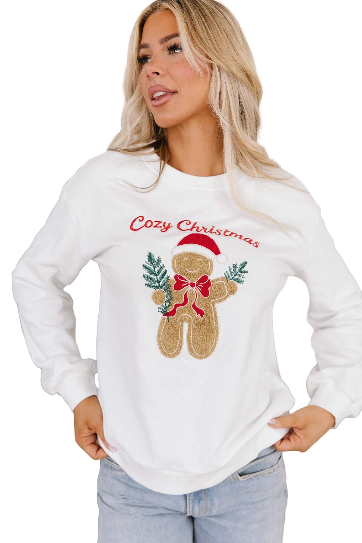 White Embroidered Gingerbread Cozy Christmas Long Sleeve Round Neck Pullover Sweatshirt